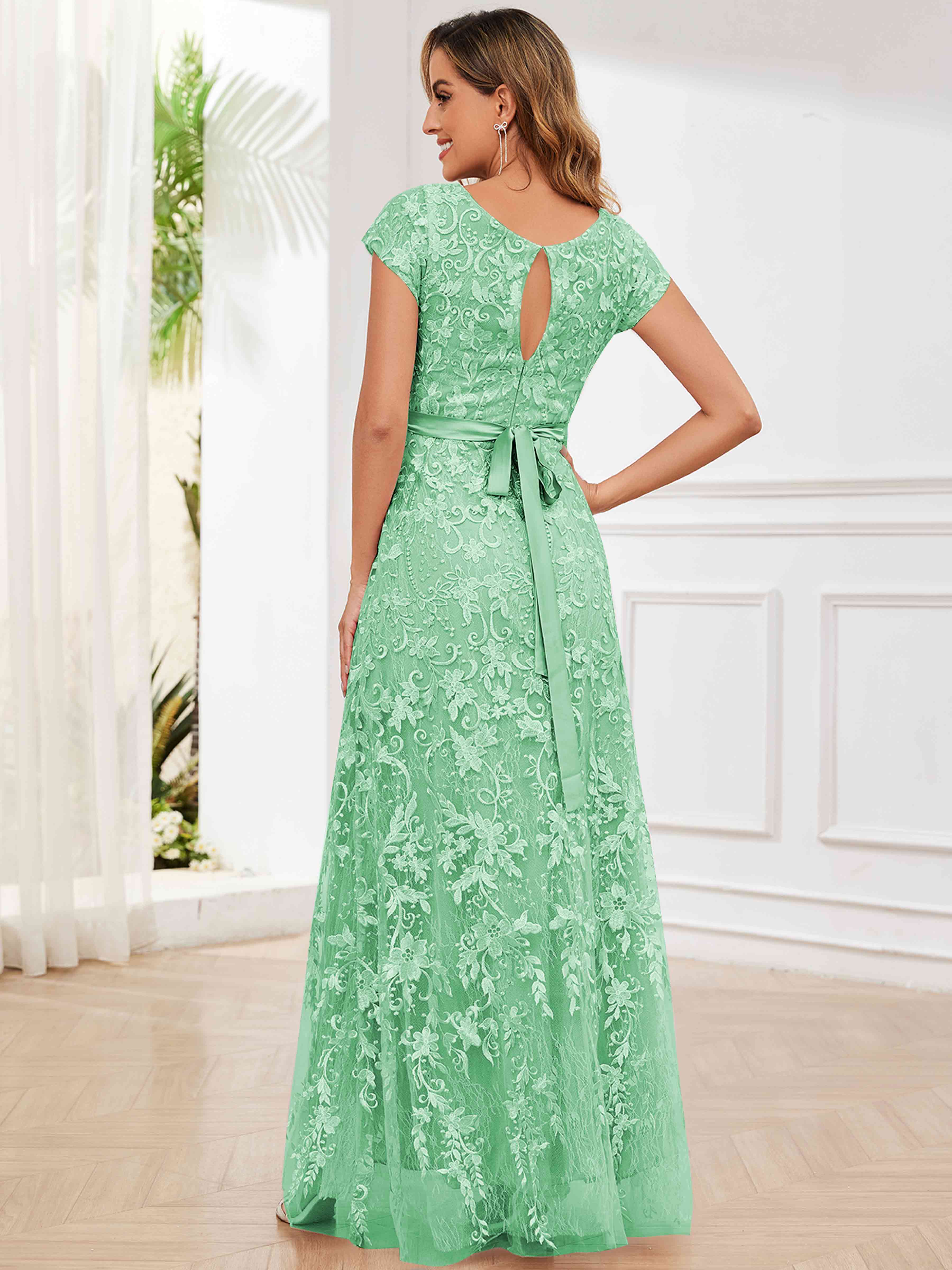 ROVDESY Elegant Lace Mother Of The Bride Dress With Short Sleeves Formal Gown