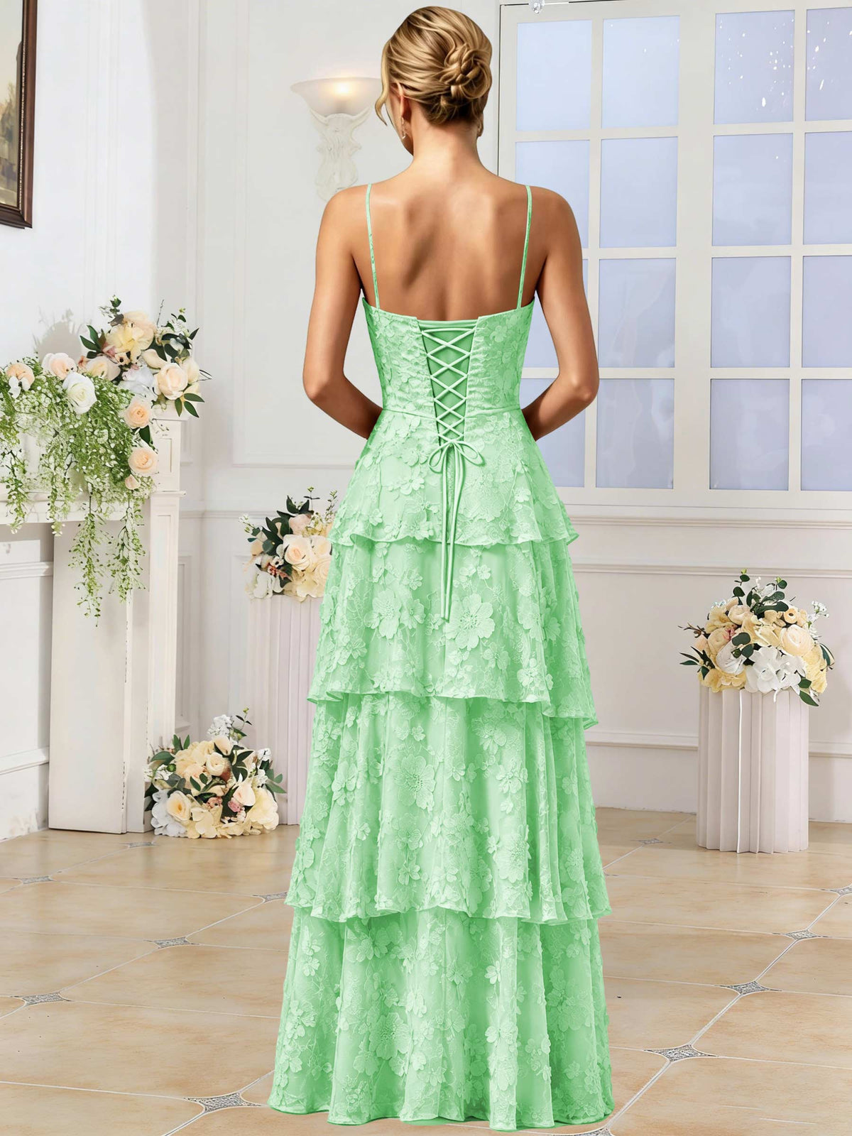 Spaghetti Strap 3D Floral Tiered Tulle Formal Prom Dress