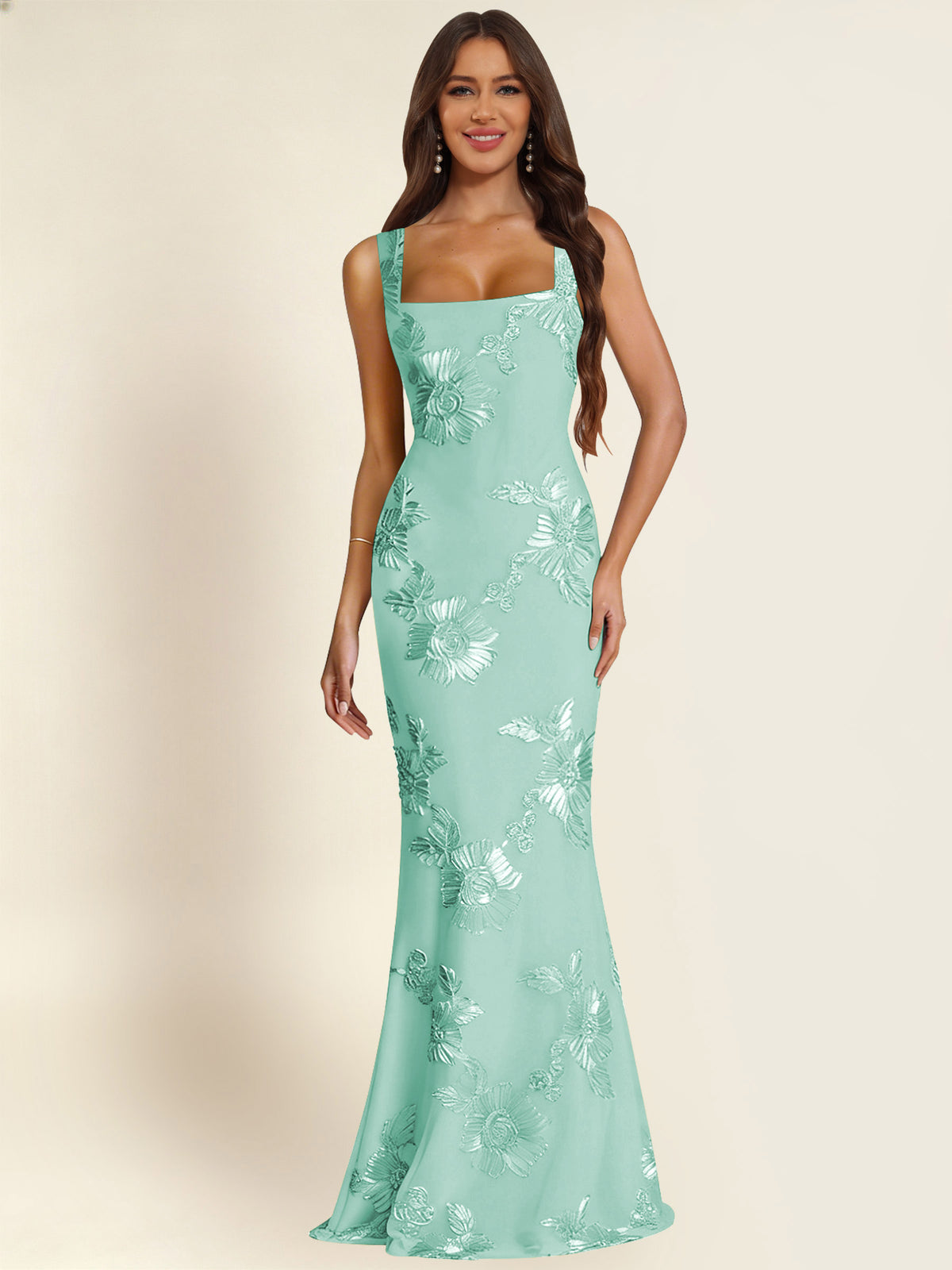 ROVDESY Square Neck Floral Applique Mermaid Long Prom/Bridesmaid Dress