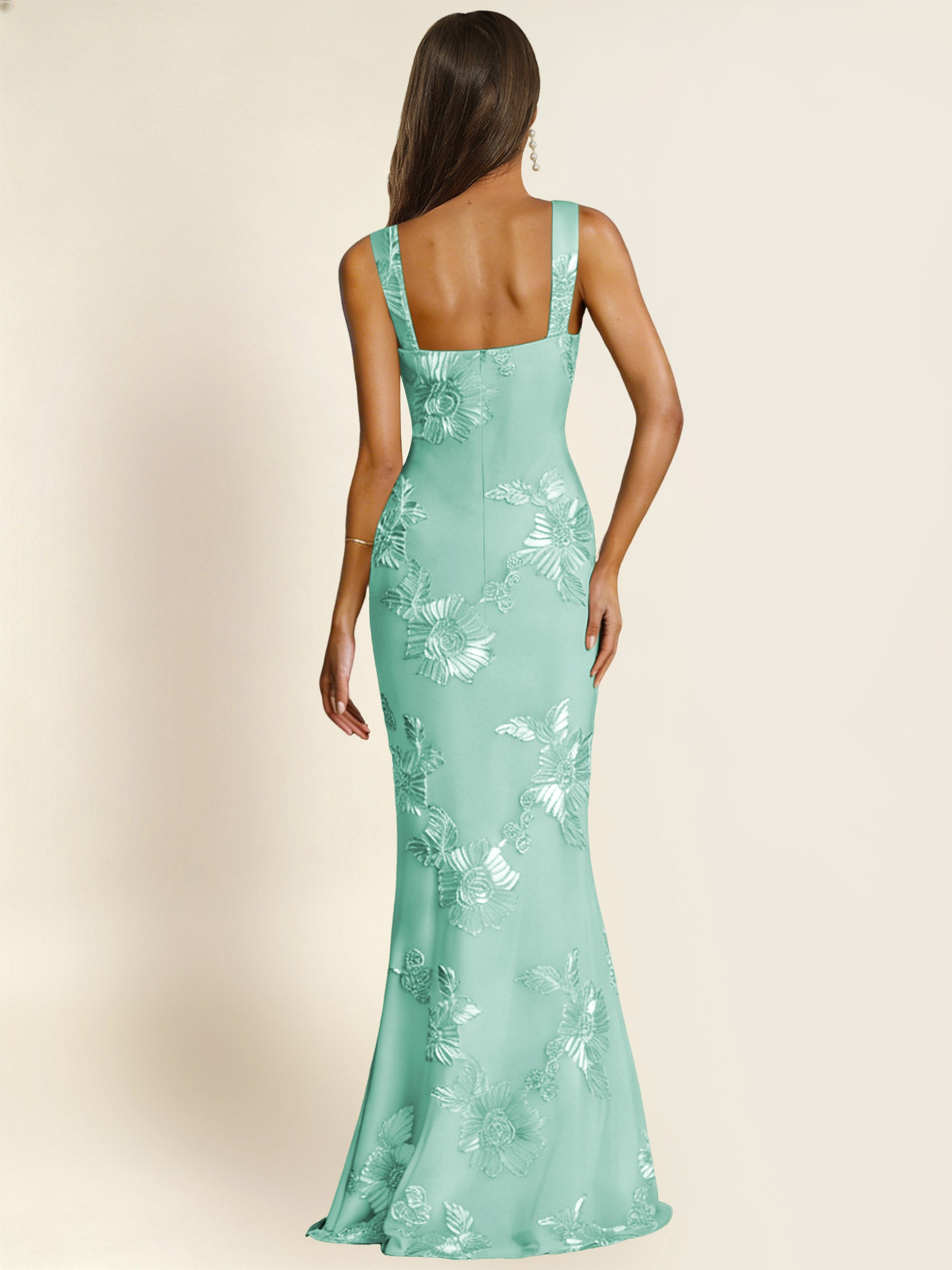 ROVDESY Square Neck Floral Applique Mermaid Long Prom/Bridesmaid Dress