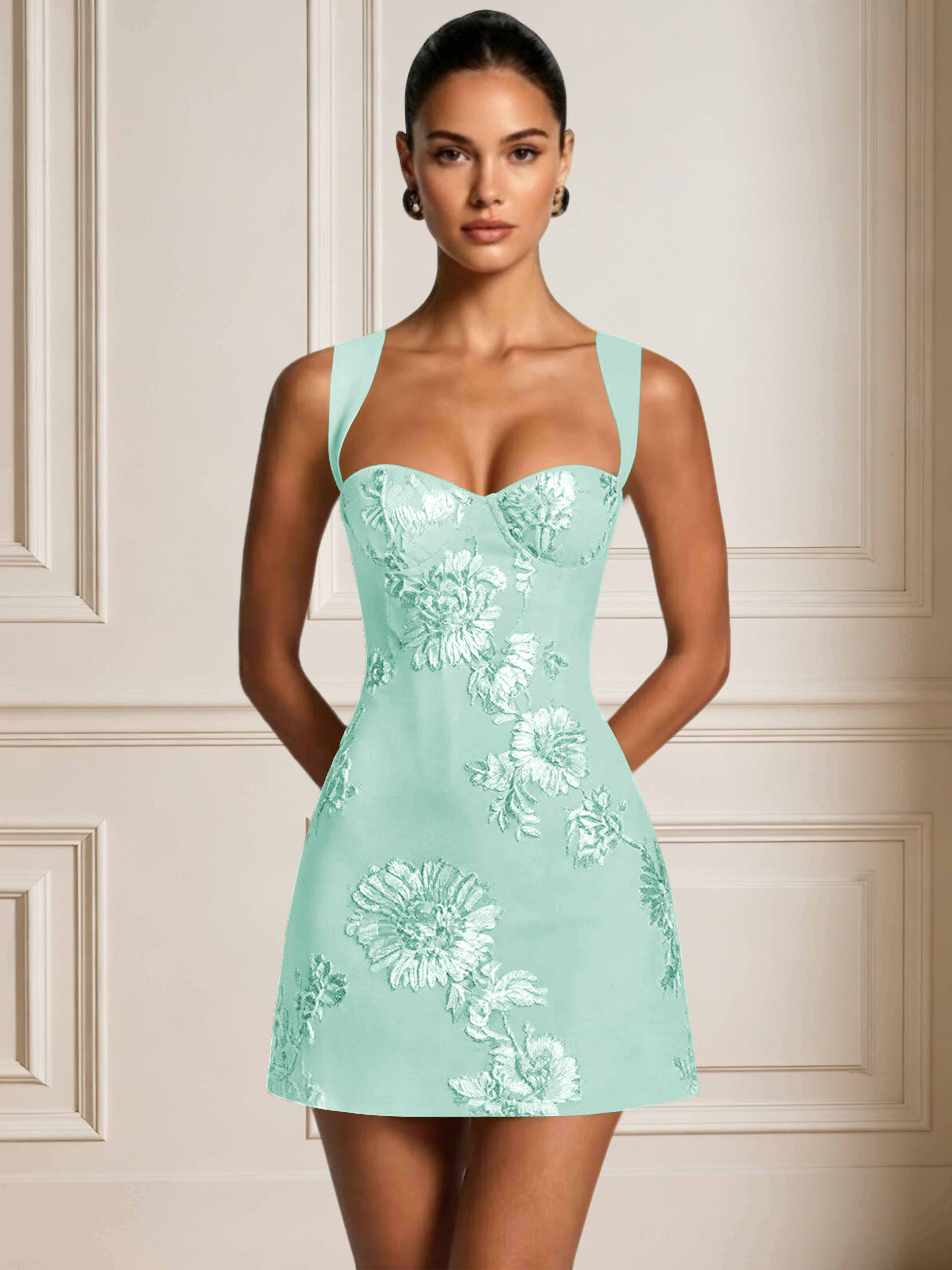 ROVDESY A-Line Sweetheart Floral Embroidery Homecoming Mini Dress