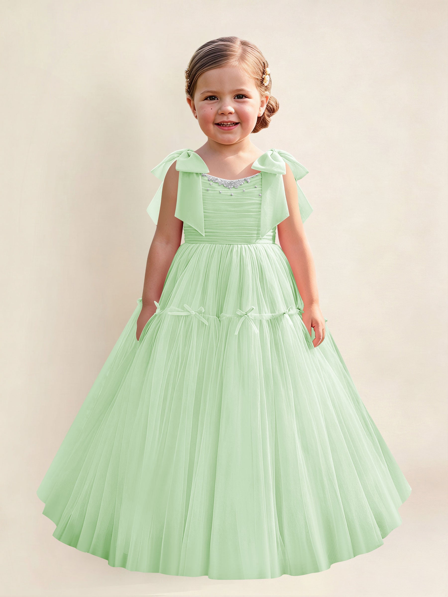 ROVDESY A-Line Tulle Flower Girl Dress With Bow Long Ball Gown Dress
