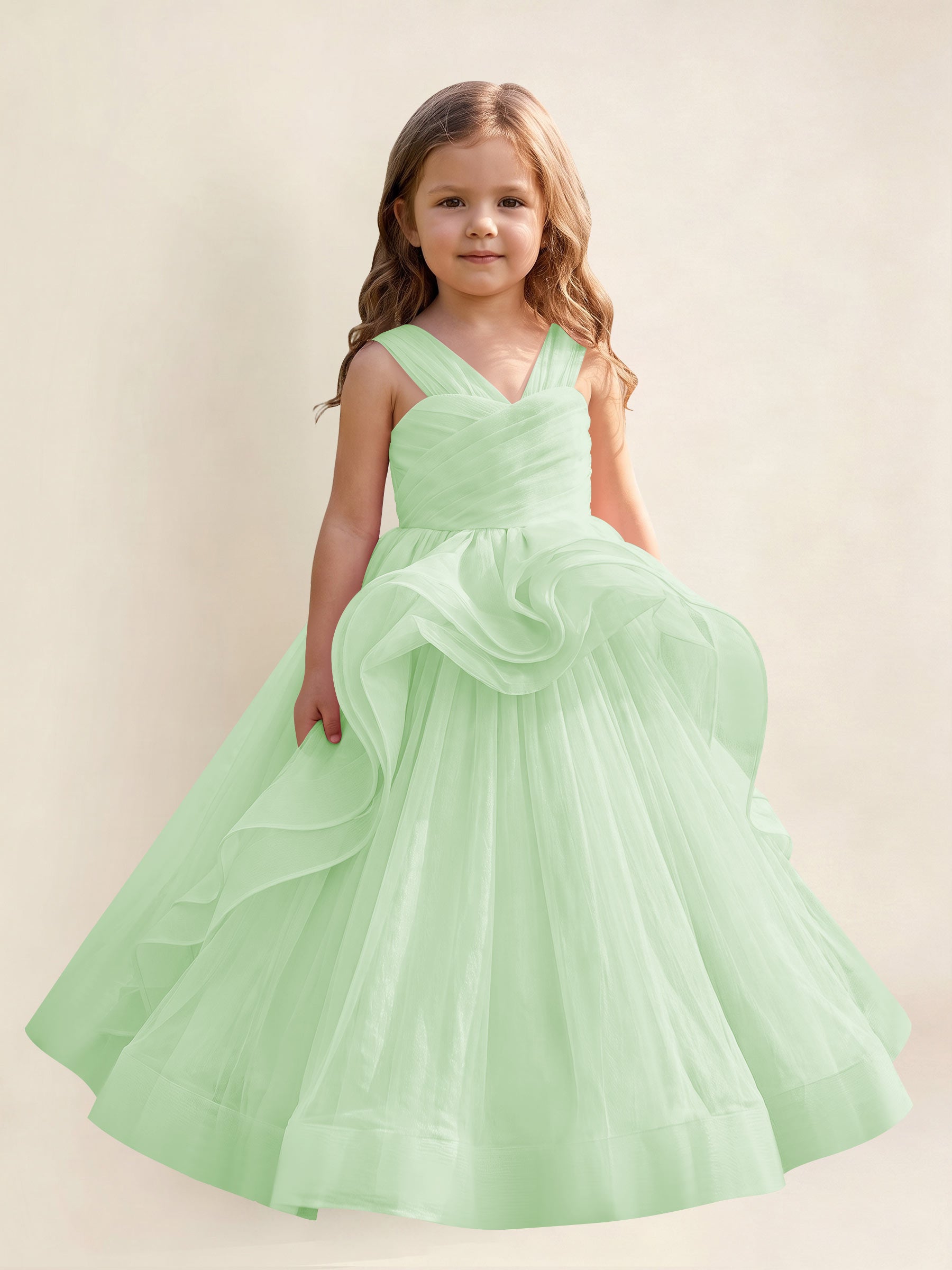 ROVDESY A-Line V-Neck Tulle Flower Girl Dress With Sleeveless Long Ball Gown Dress