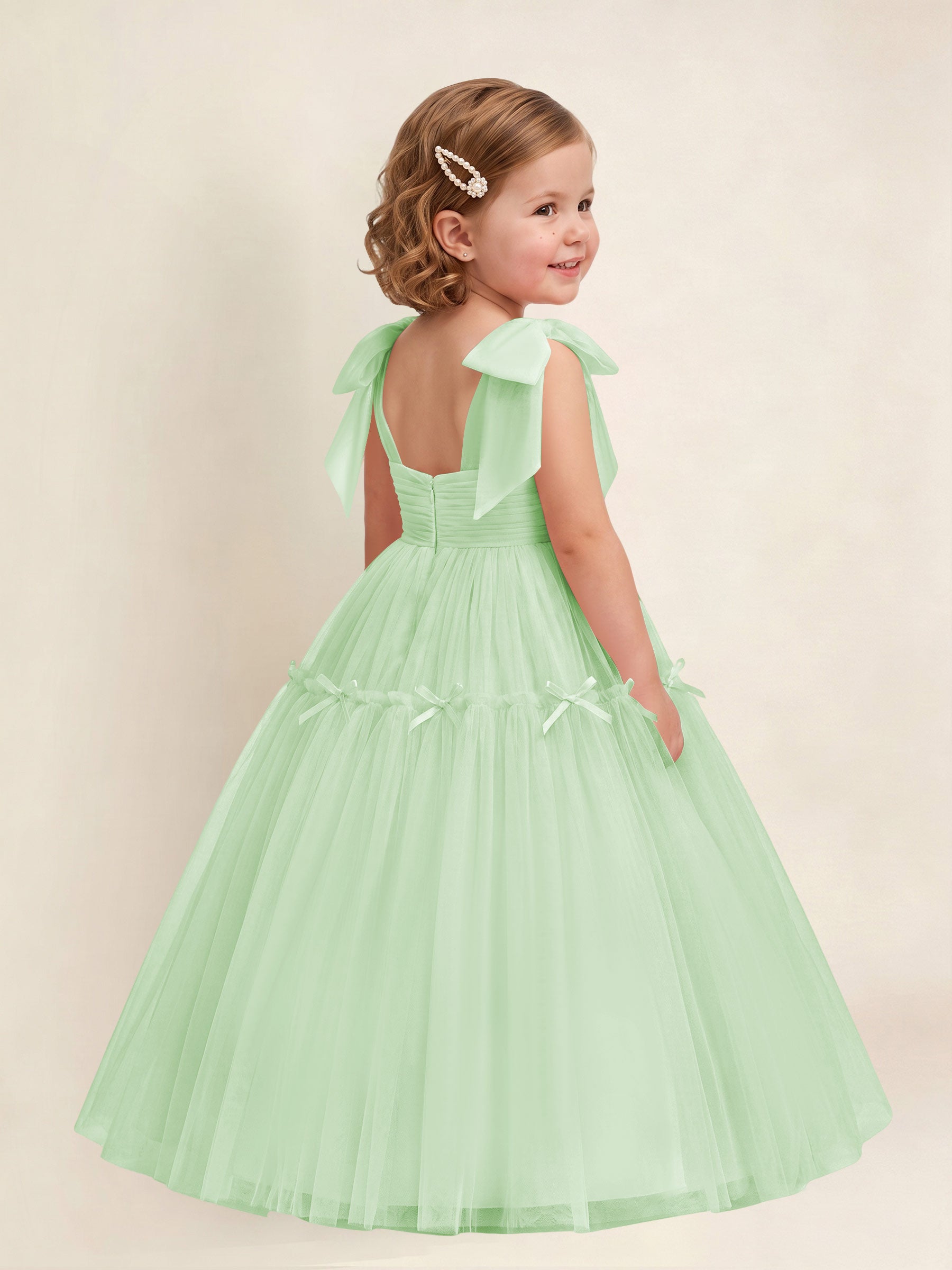 ROVDESY A-Line Tulle Flower Girl Dress With Bow Long Ball Gown Dress