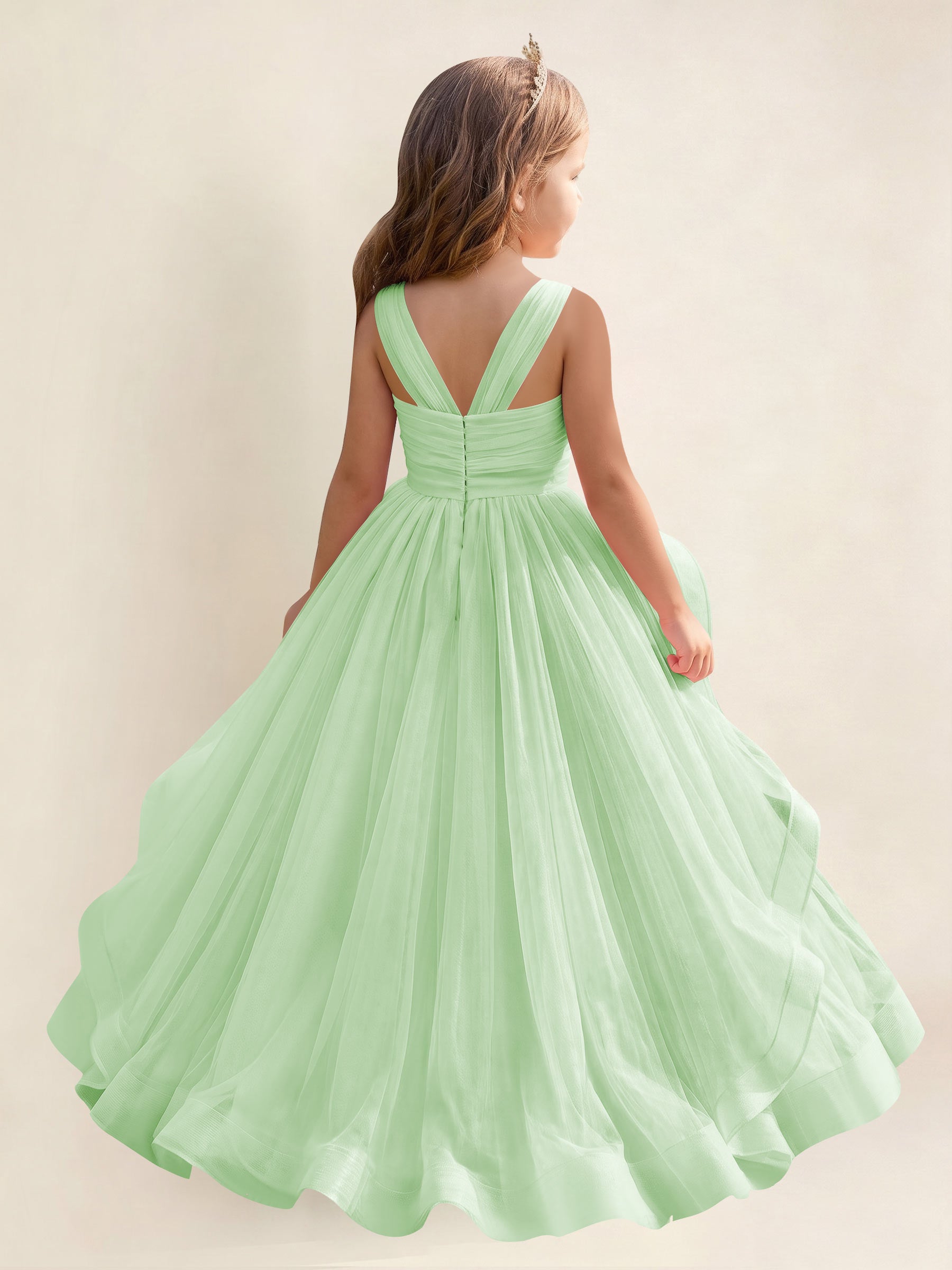 ROVDESY A-Line V-Neck Tulle Flower Girl Dress With Sleeveless Long Ball Gown Dress