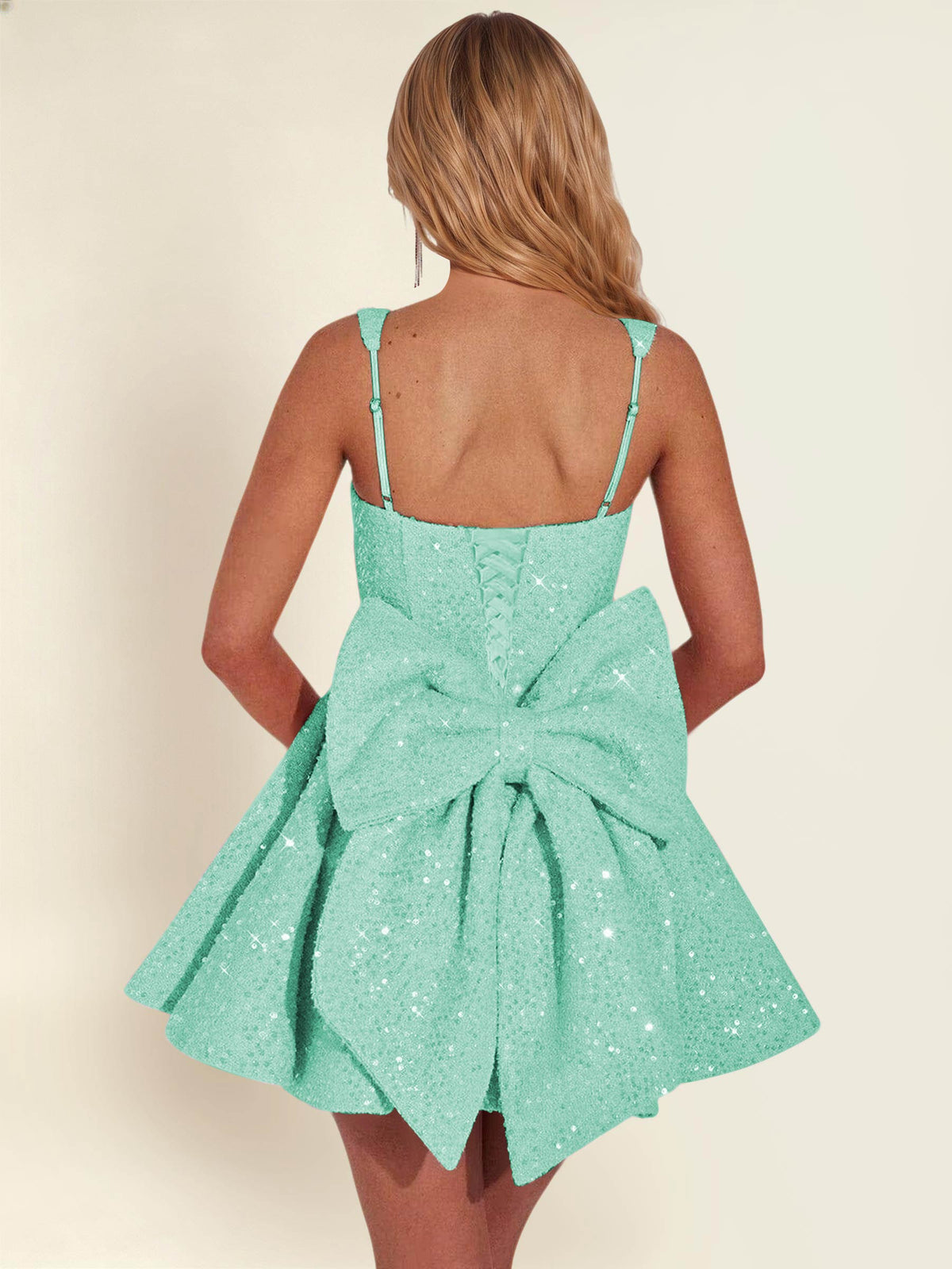 ROVDESY Sparkly Sequin A-Line Square Neck Homecoming Mini Dress With Big Bow
