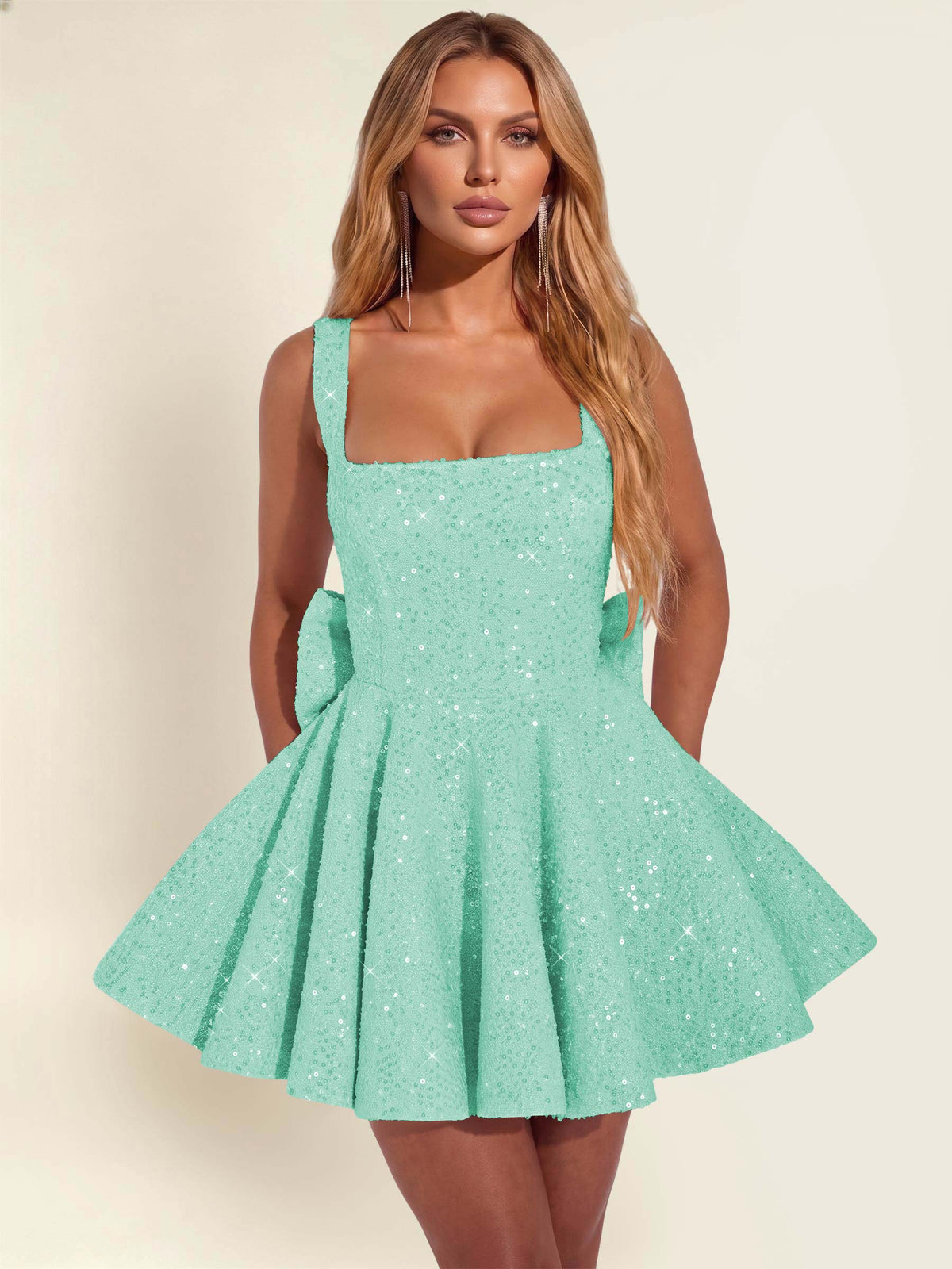ROVDESY Sparkly Sequin A-Line Square Neck Homecoming Mini Dress With Big Bow