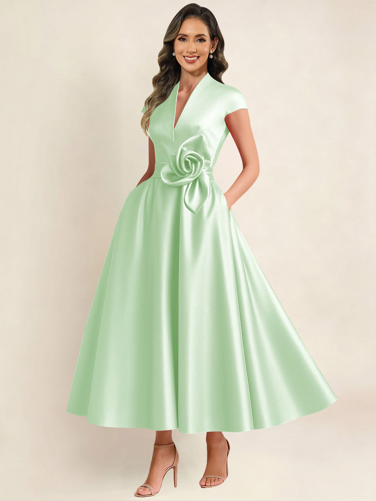A Line V Neck 3D Flower Satin Mother of the Bride Dress
