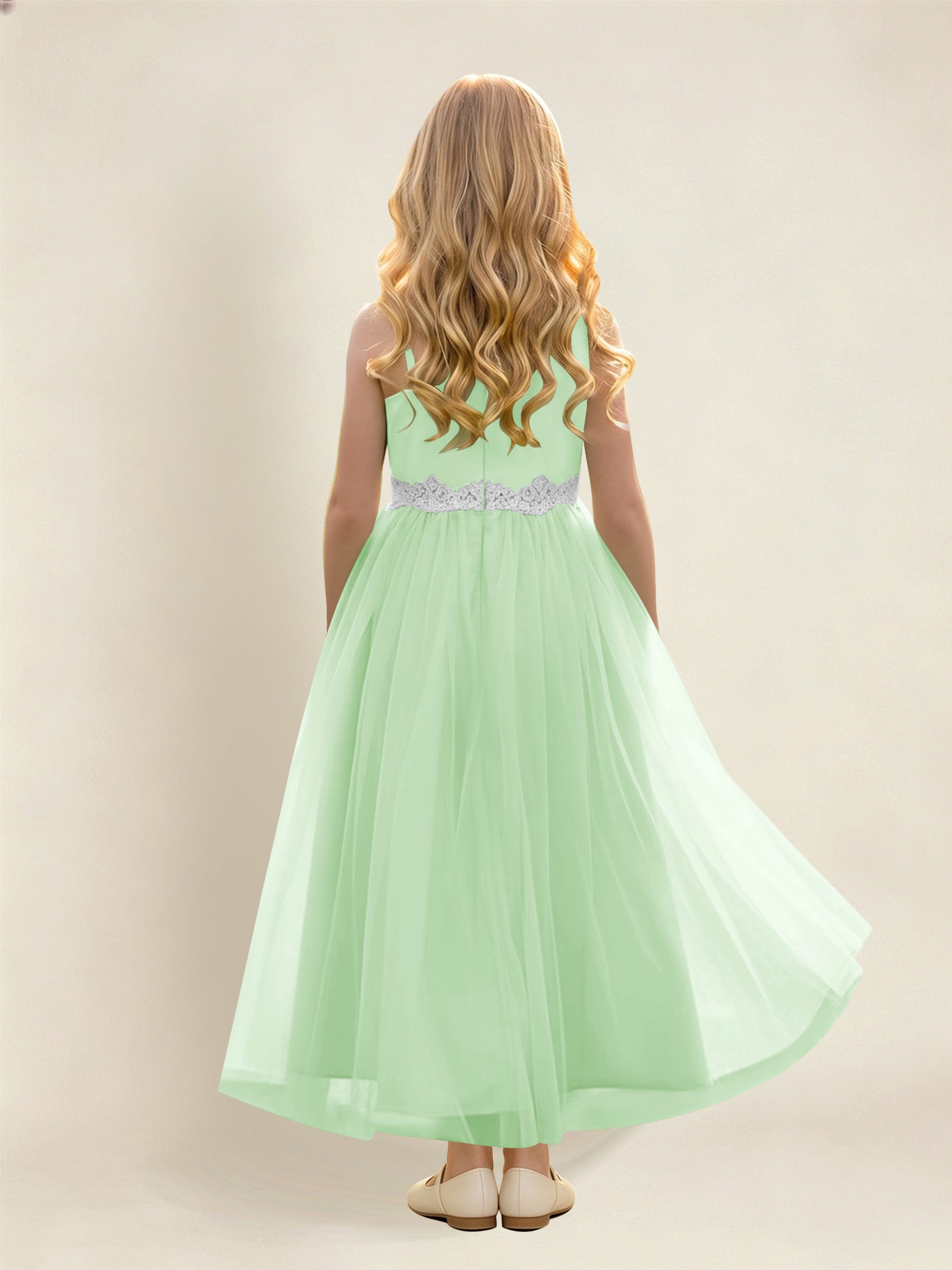 ROVDESY Asymmetric One Shoulder  Satin  Tulle Junior Bridesmaid Dress