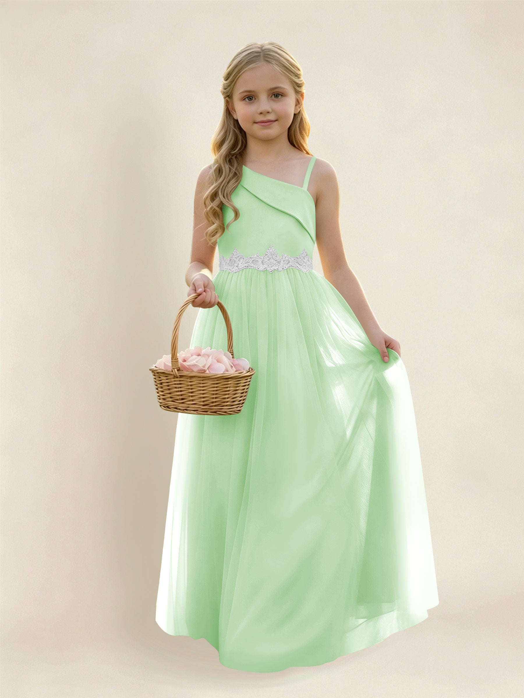 ROVDESY Asymmetric One Shoulder  Satin  Tulle Junior Bridesmaid Dress