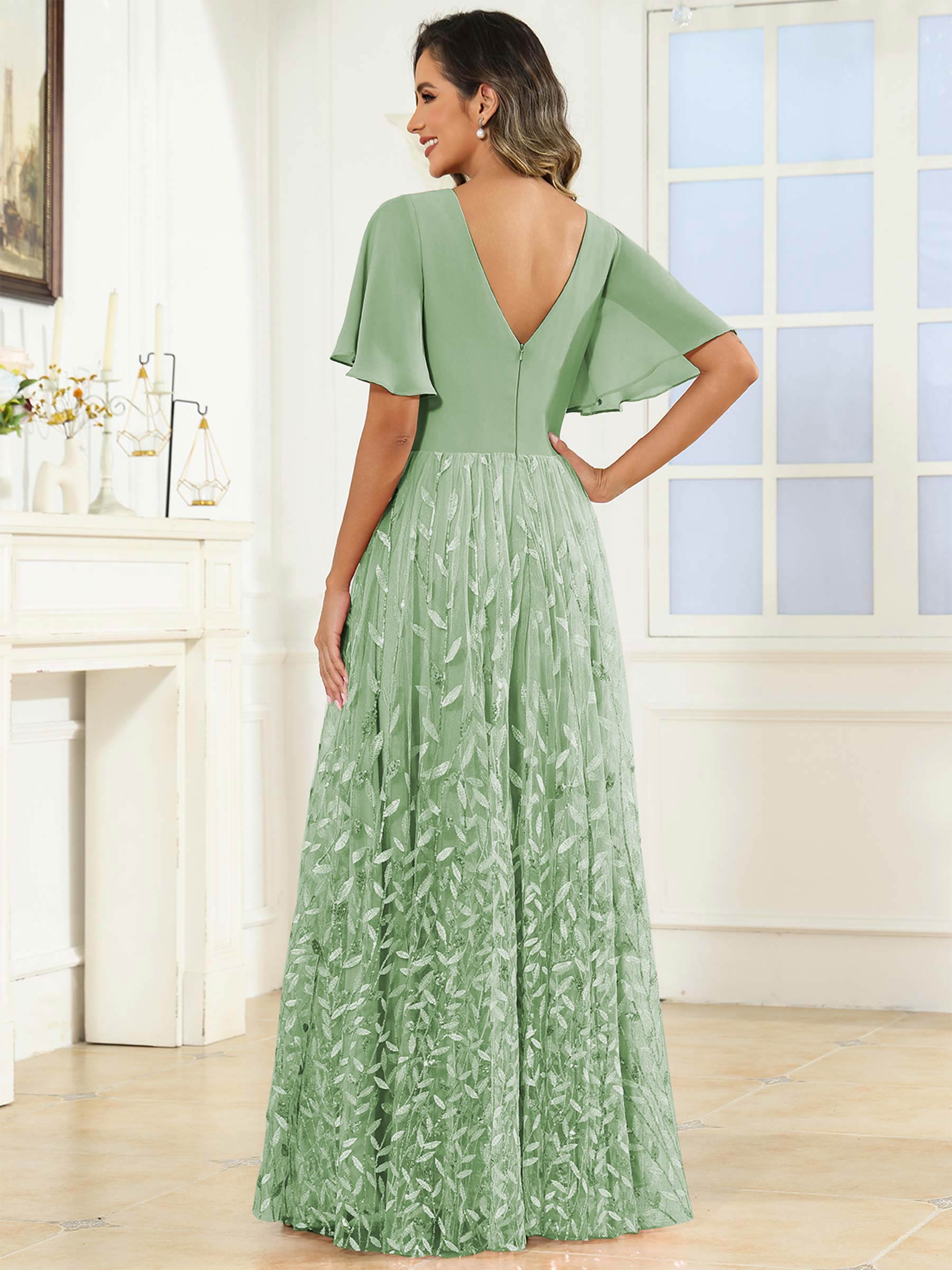 ROVDESY A-Line V-Neck Chiffon Sequin Mother Of The Bride Dress With Short Sleeves