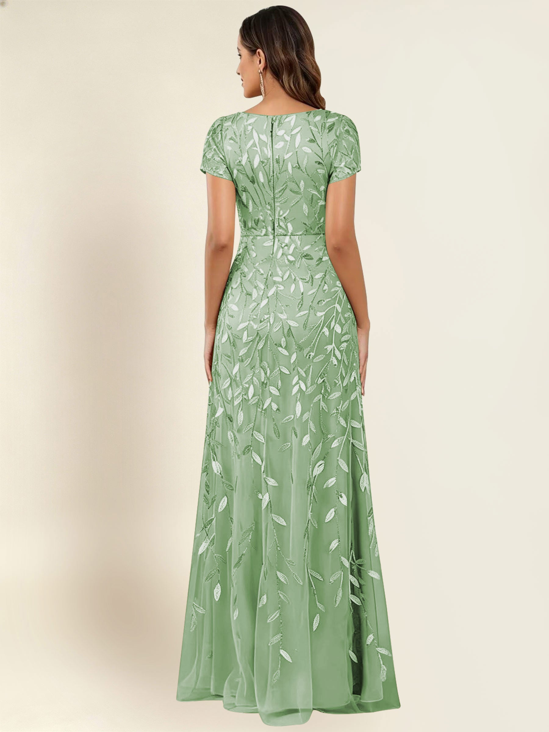 ROVDESY Sequin Mermaid Long Mother Of The Bride Dress With Short Sleeves Formal Gown