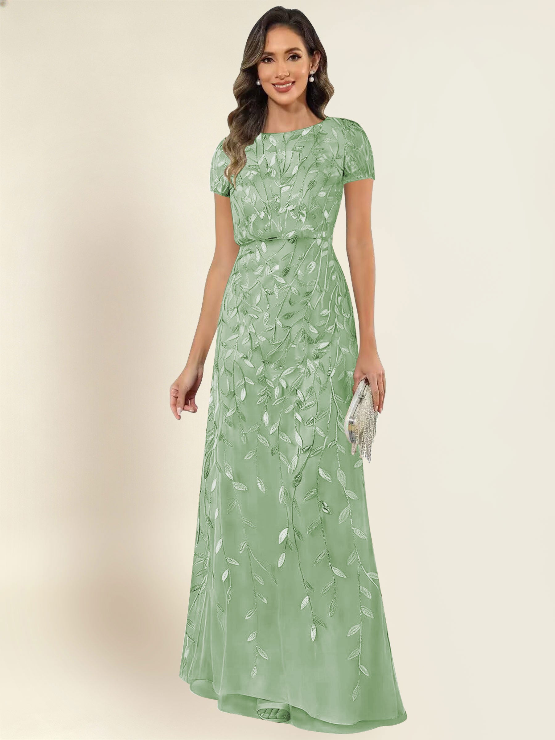 ROVDESY Sequin Mermaid Long Mother Of The Bride Dress With Short Sleeves Formal Gown