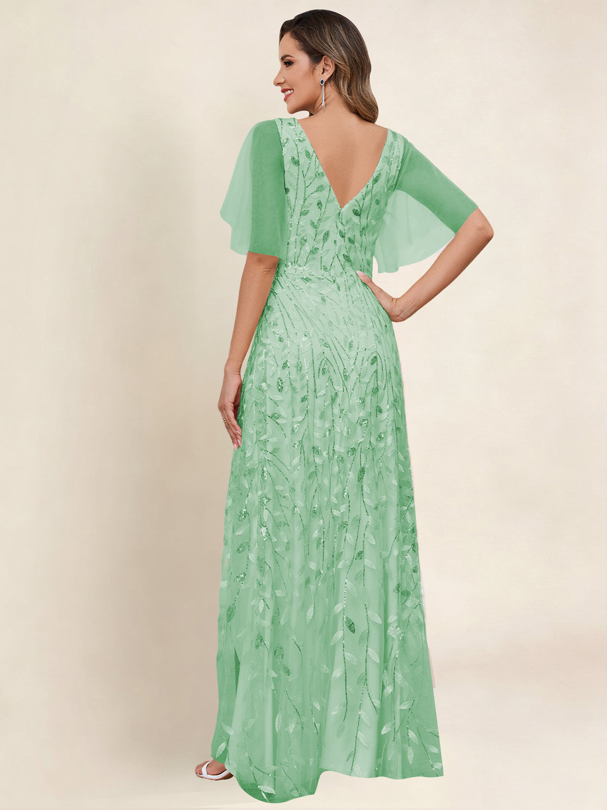 V Neck Sequin Tulle A Line Mother of the Bride Dress with Sleeves