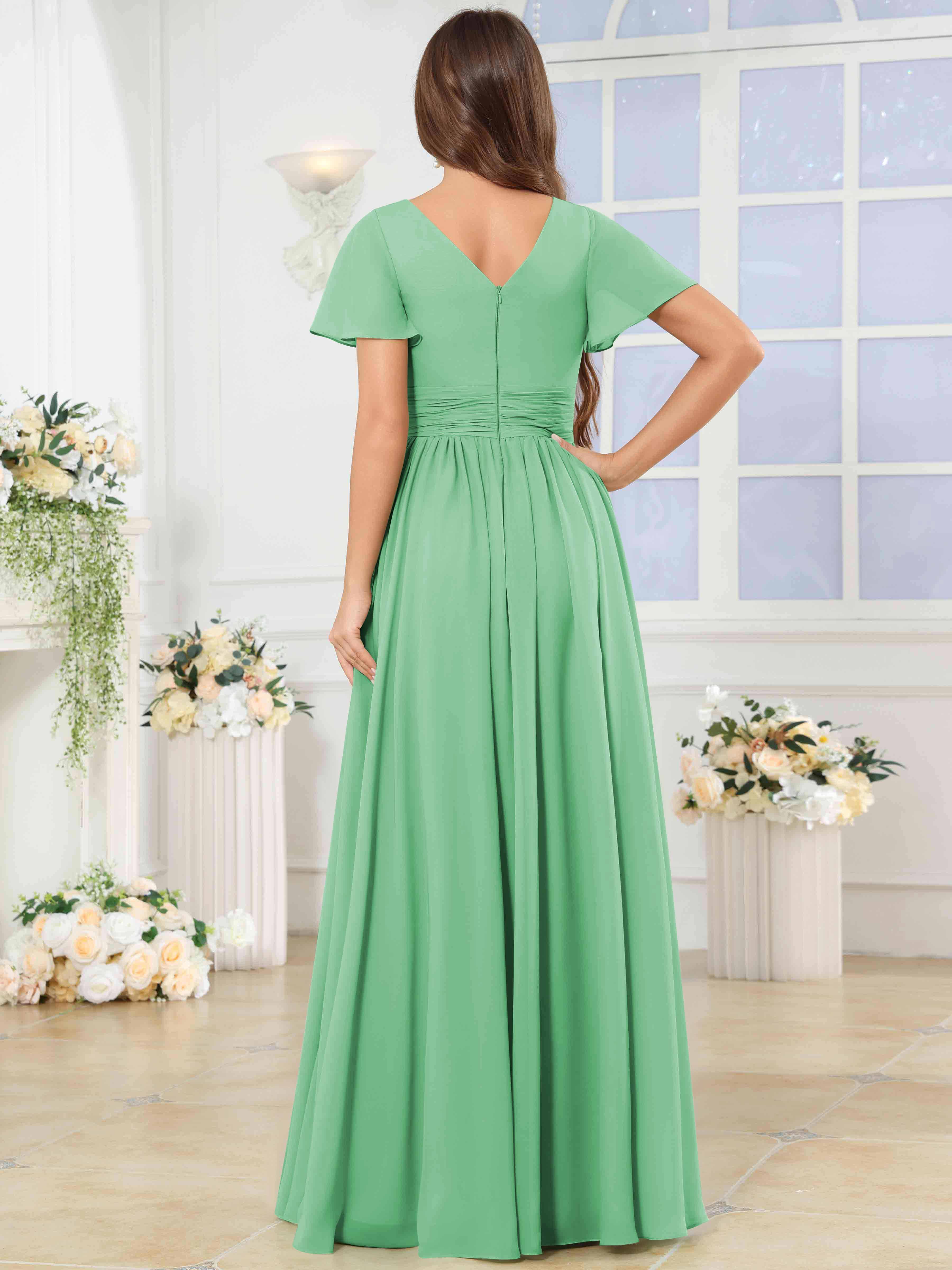 ROVDESY A-Line V-Neck Slit Pleated Ruffle Chiffon Bridesmaid Dress With Short Sleeves