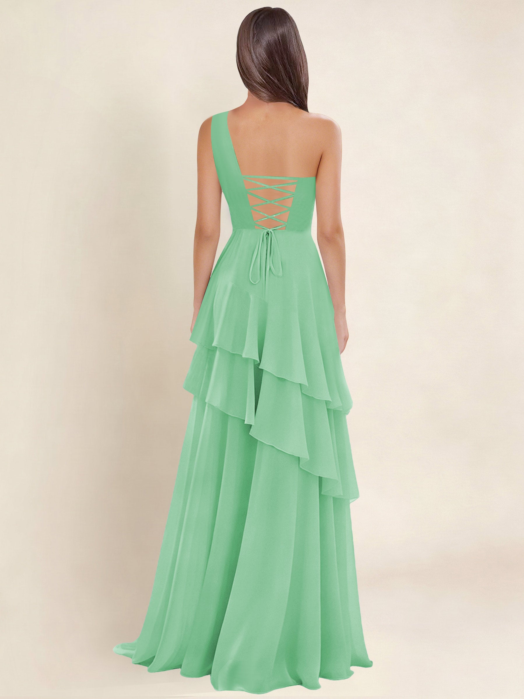ROVDESY A-Line One Shoulder Pleated Tiered Chiffon Bridesmaid Dress