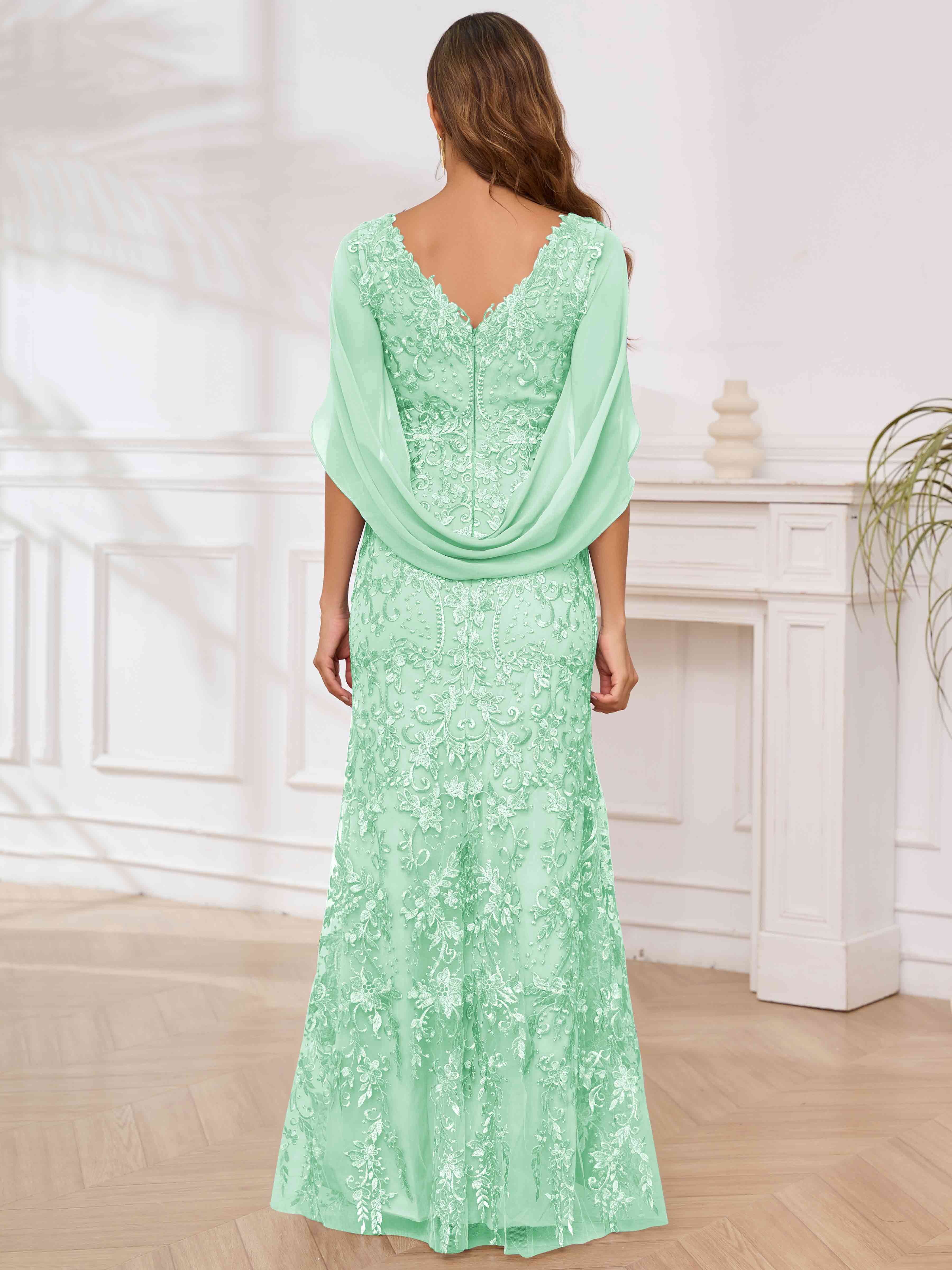 ROVDESY V-Neck Lace Mermaid Mother Of The Bride Dress With Cape Sleeves Long Formal Gown