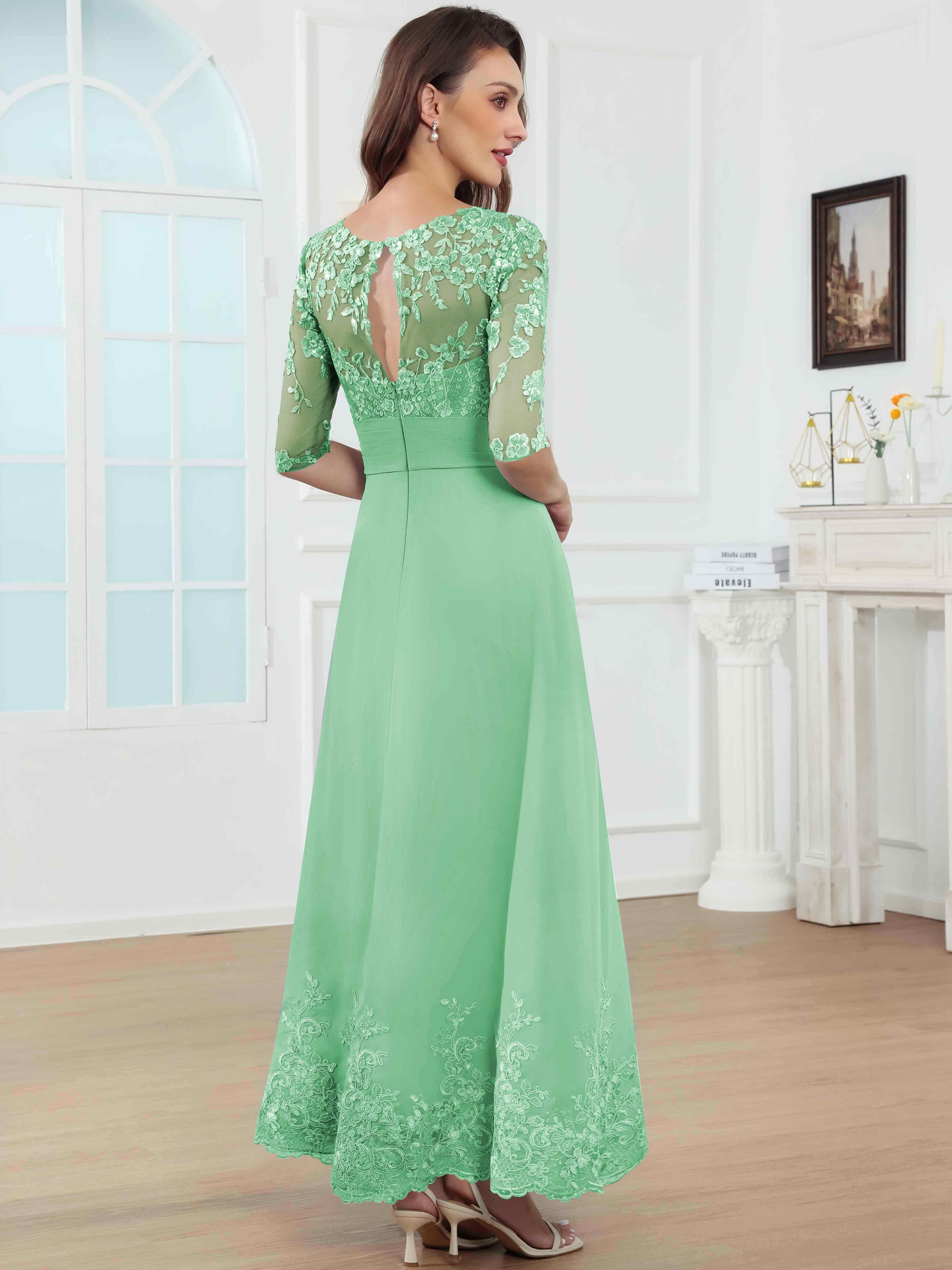 ROVDESY A-Line Lace Sequin Pleated Chiffon Mother Of The Bride Dress With Half Sleeves