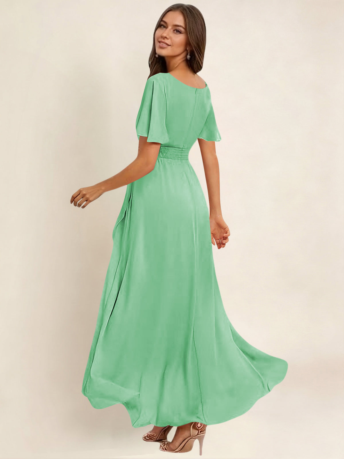 ROVDESY A-Line High Low Round Neck Pleated Ruffle Chiffon Bridesmaid Dress With Short Sleeves