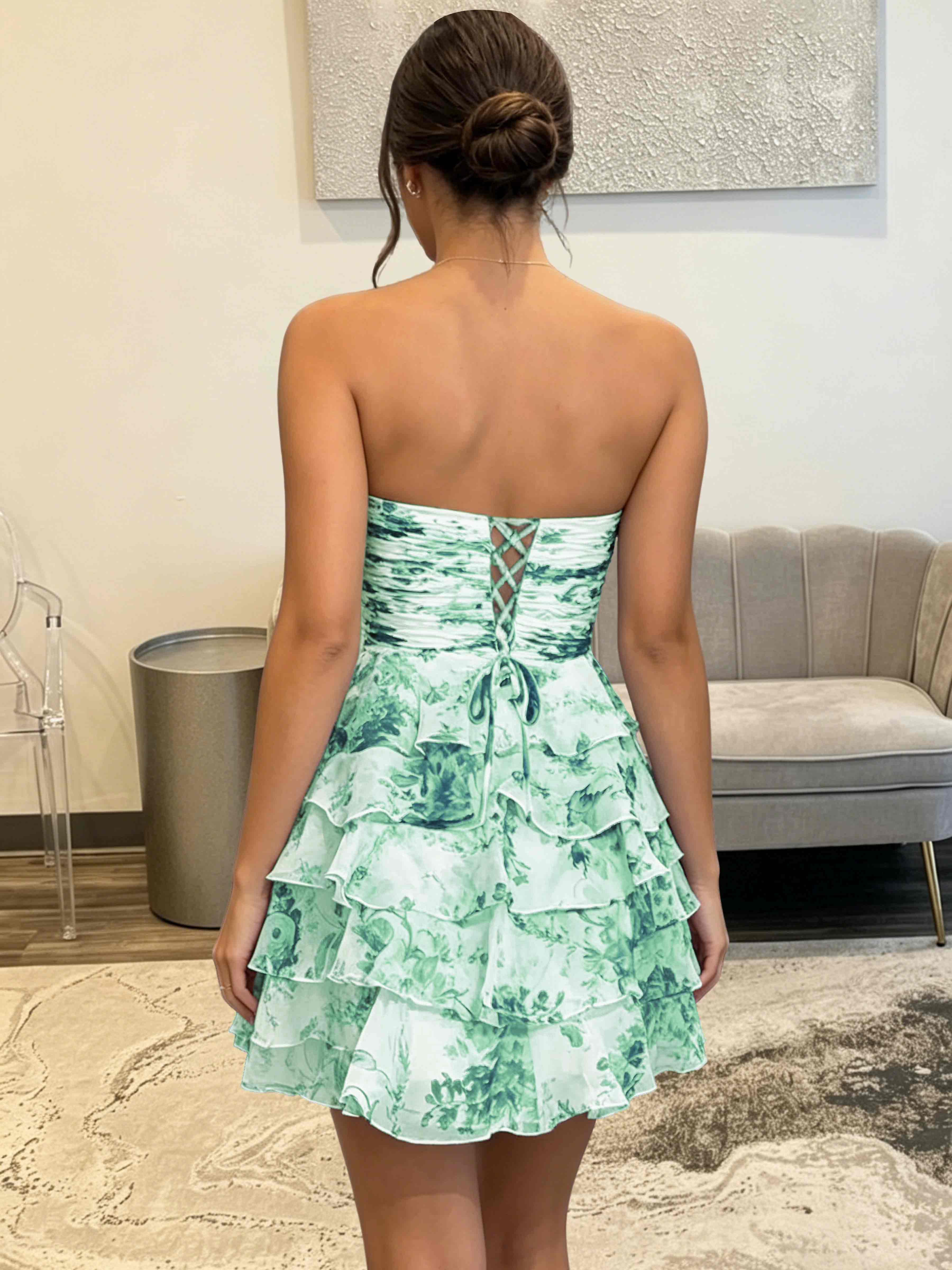 ROVDESY Strapless Tiered Ruffle Floral Print Chiffon Homecoming Mini Dress