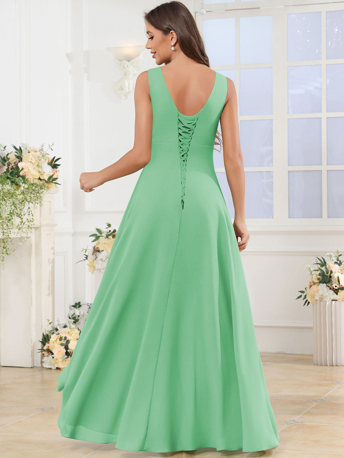 V Neck Chiffon A Line Ruffle Bridesmaid Dress with Slit