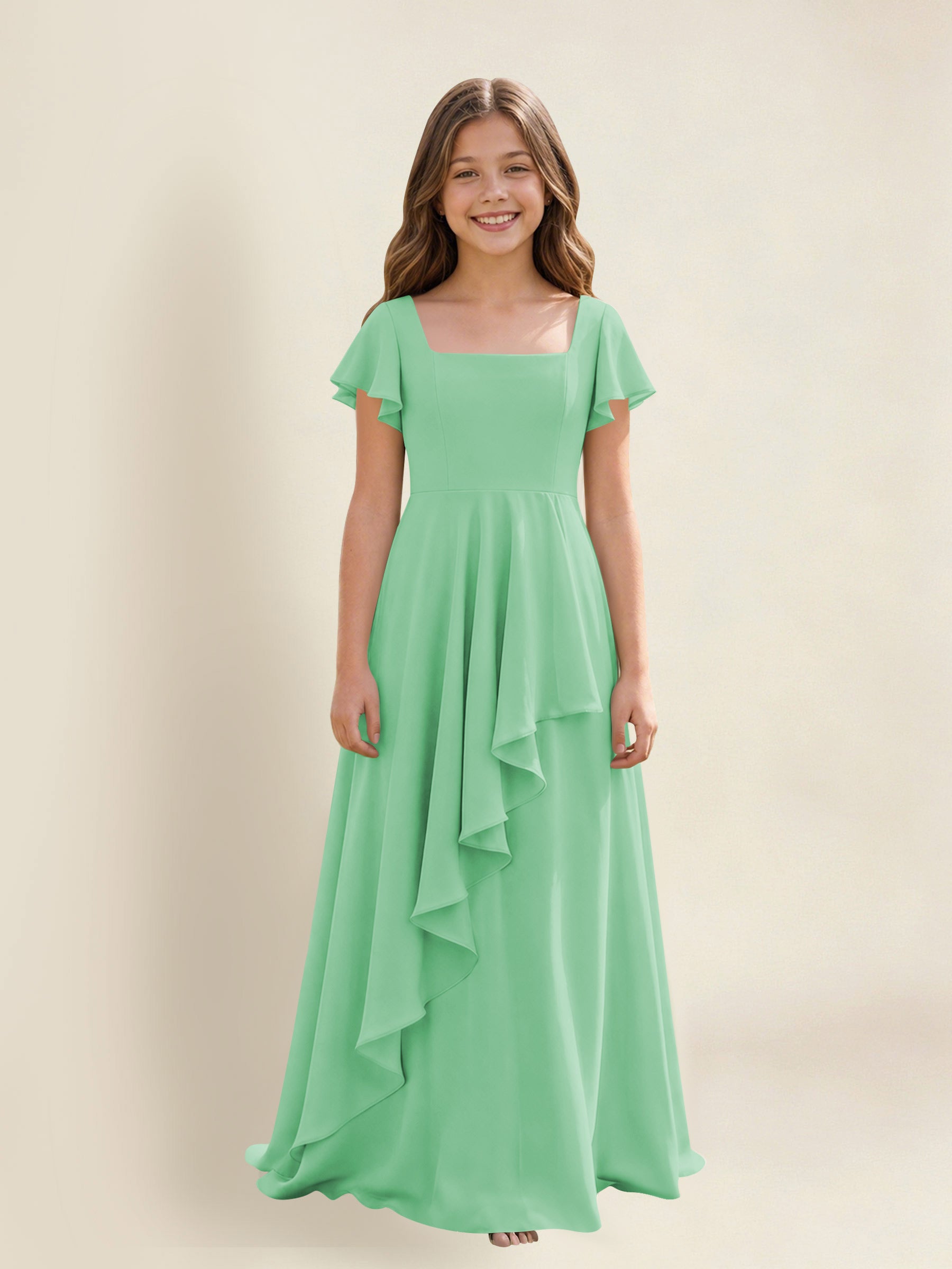 ROVDESY A-Line Square Neck Ruffle Chiffon Junior Bridesmaid Dress With Short Sleeves