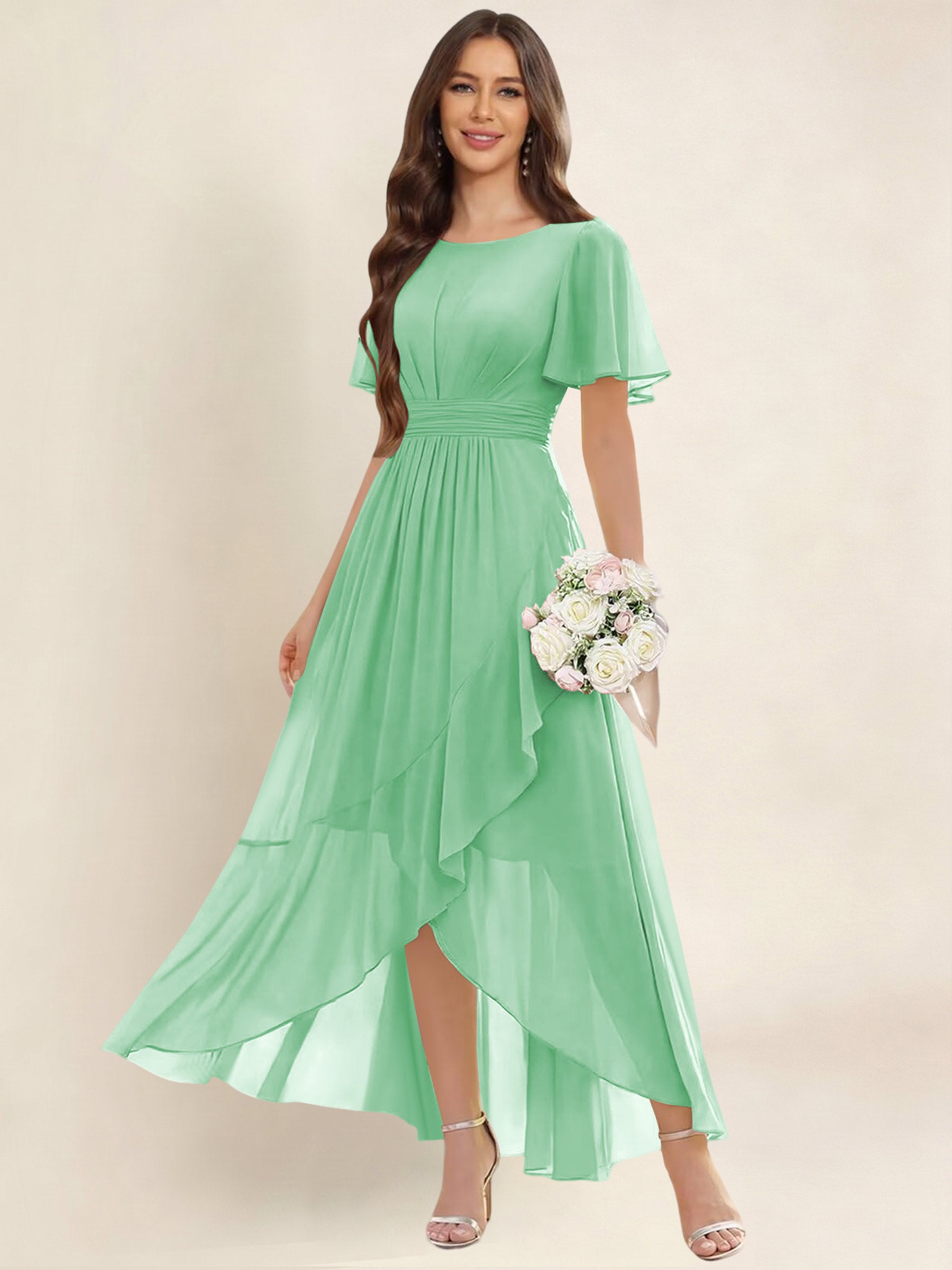 ROVDESY A-Line High Low Round Neck Pleated Ruffle Chiffon Bridesmaid Dress With Short Sleeves