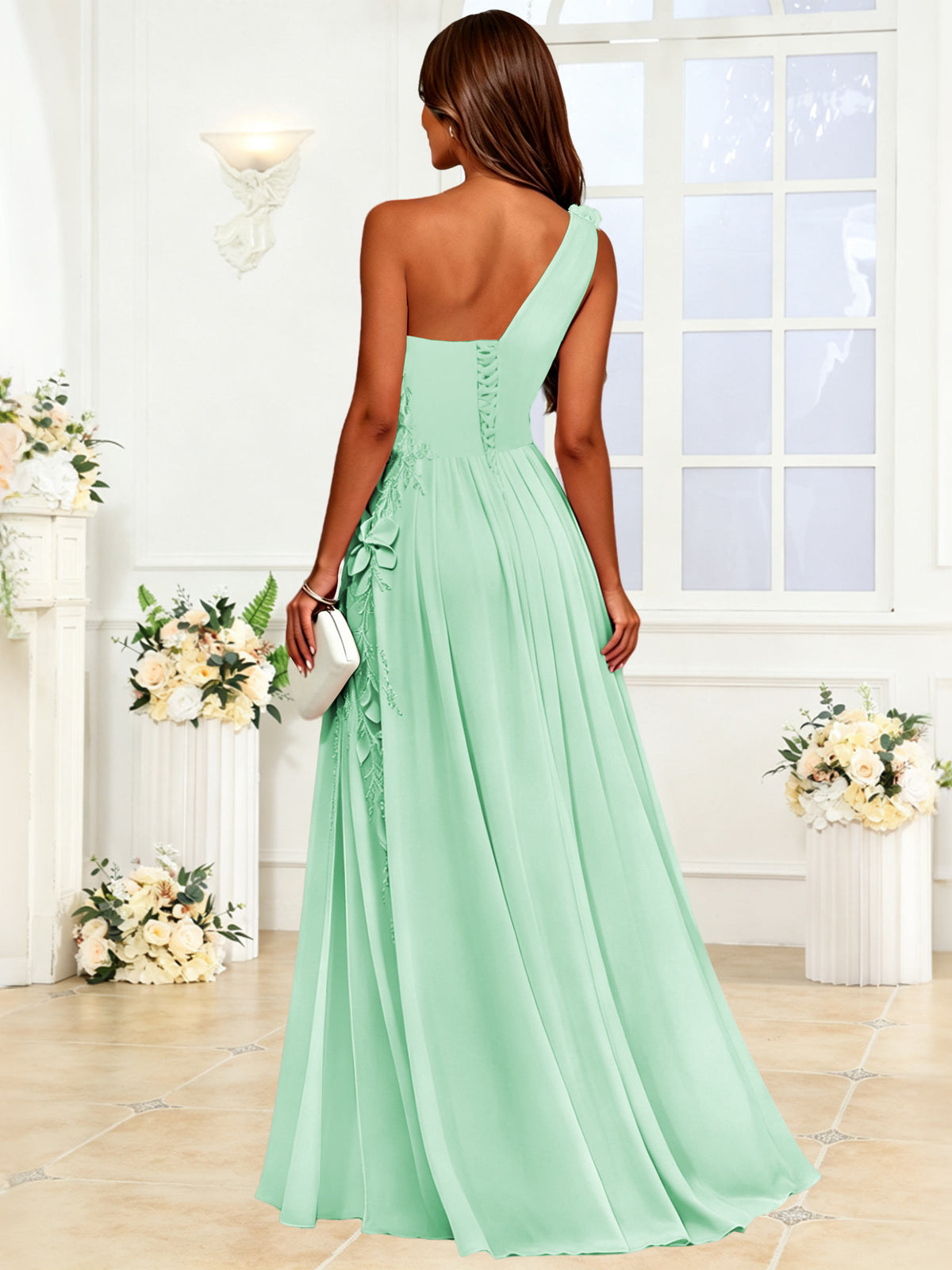One Shoulder 3D Flower Chiffon Bridesmaid Dress with Slit
