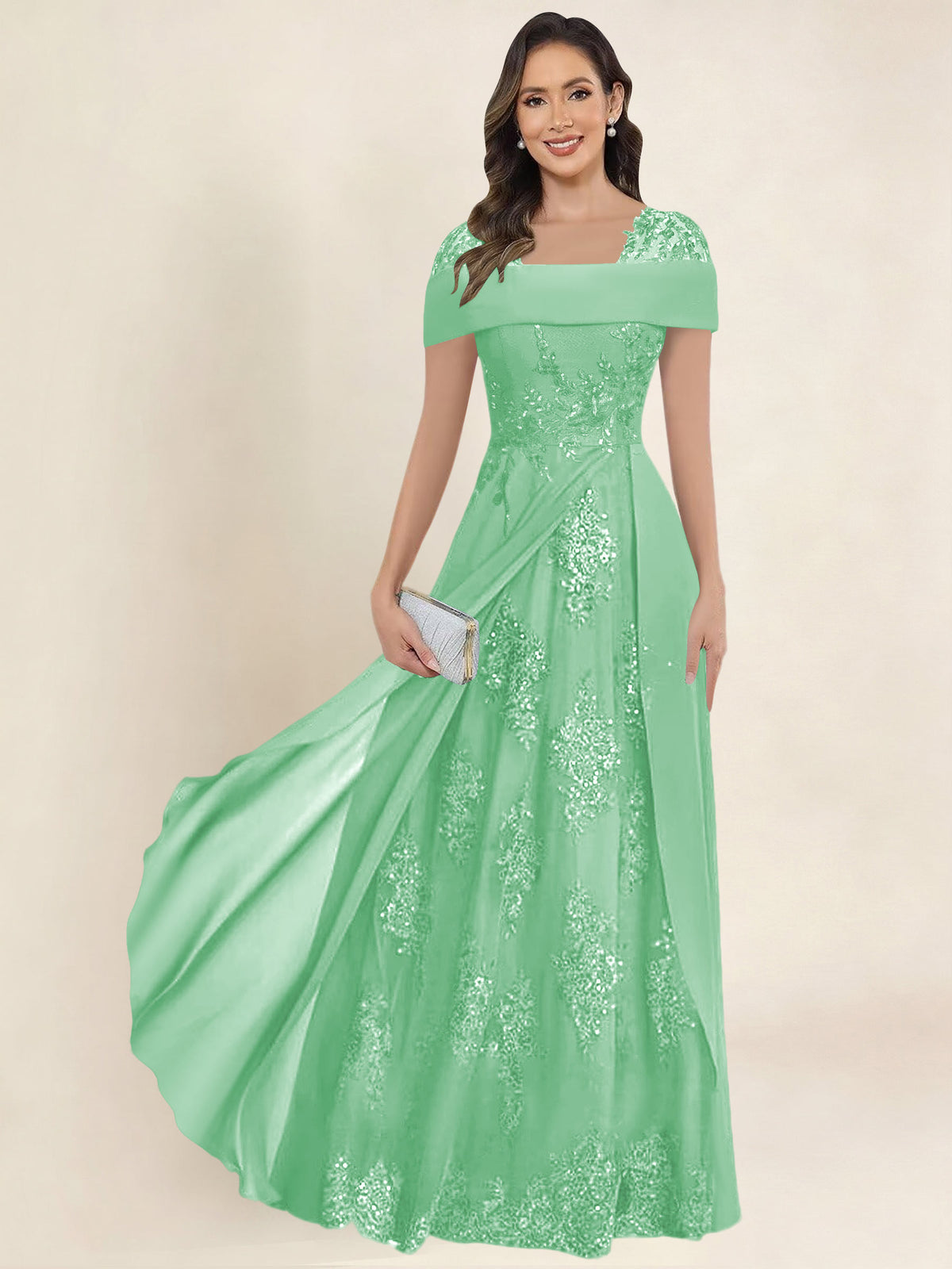 ROVDESY A-Line Off The Shoulder Lace Chiffon Long Mother of the Bride Dress Formal Gown