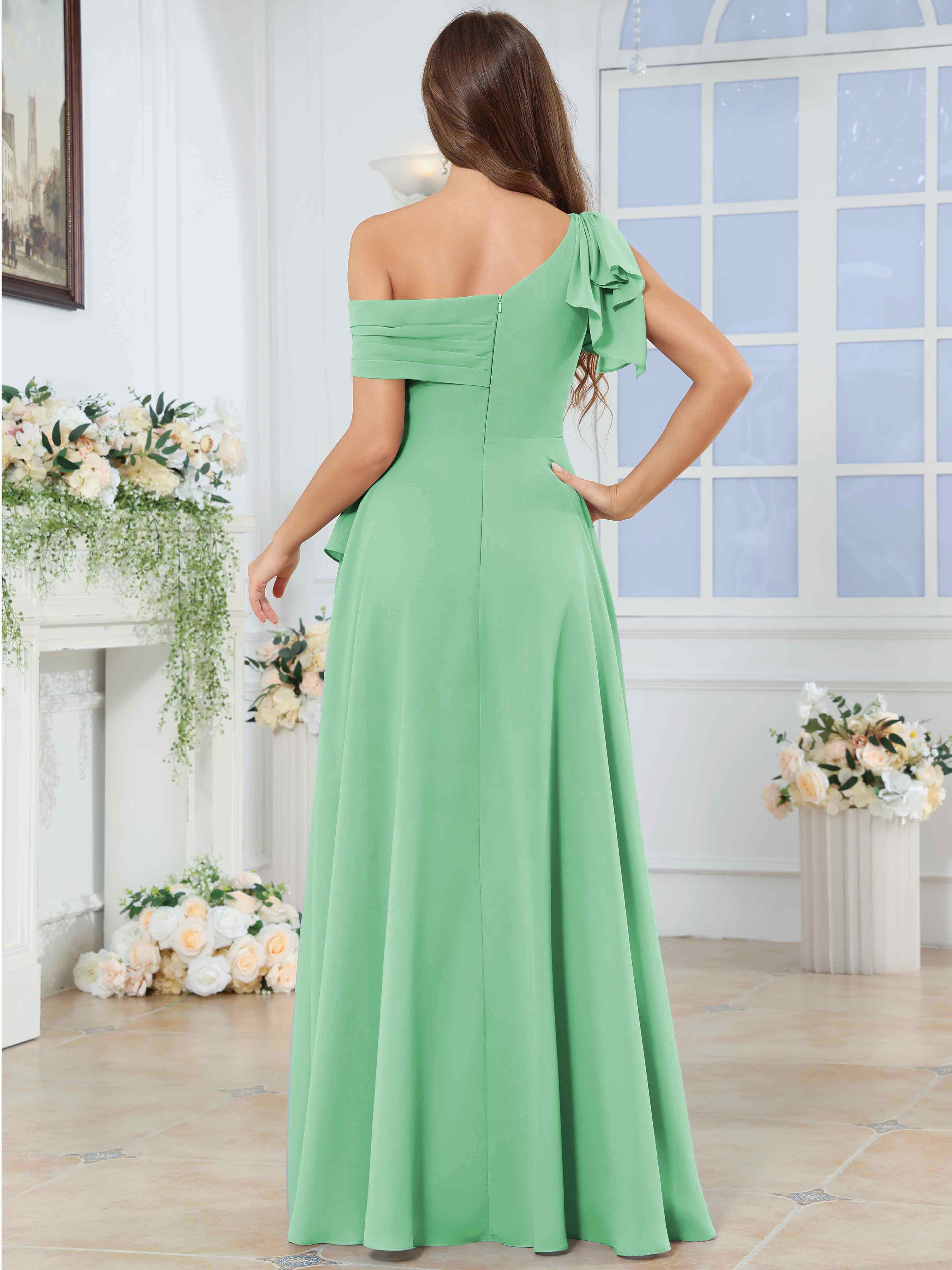 ROVDESY One Shoulder Pleated Ruffle Chiffon Bridesmaid Dress With Slit