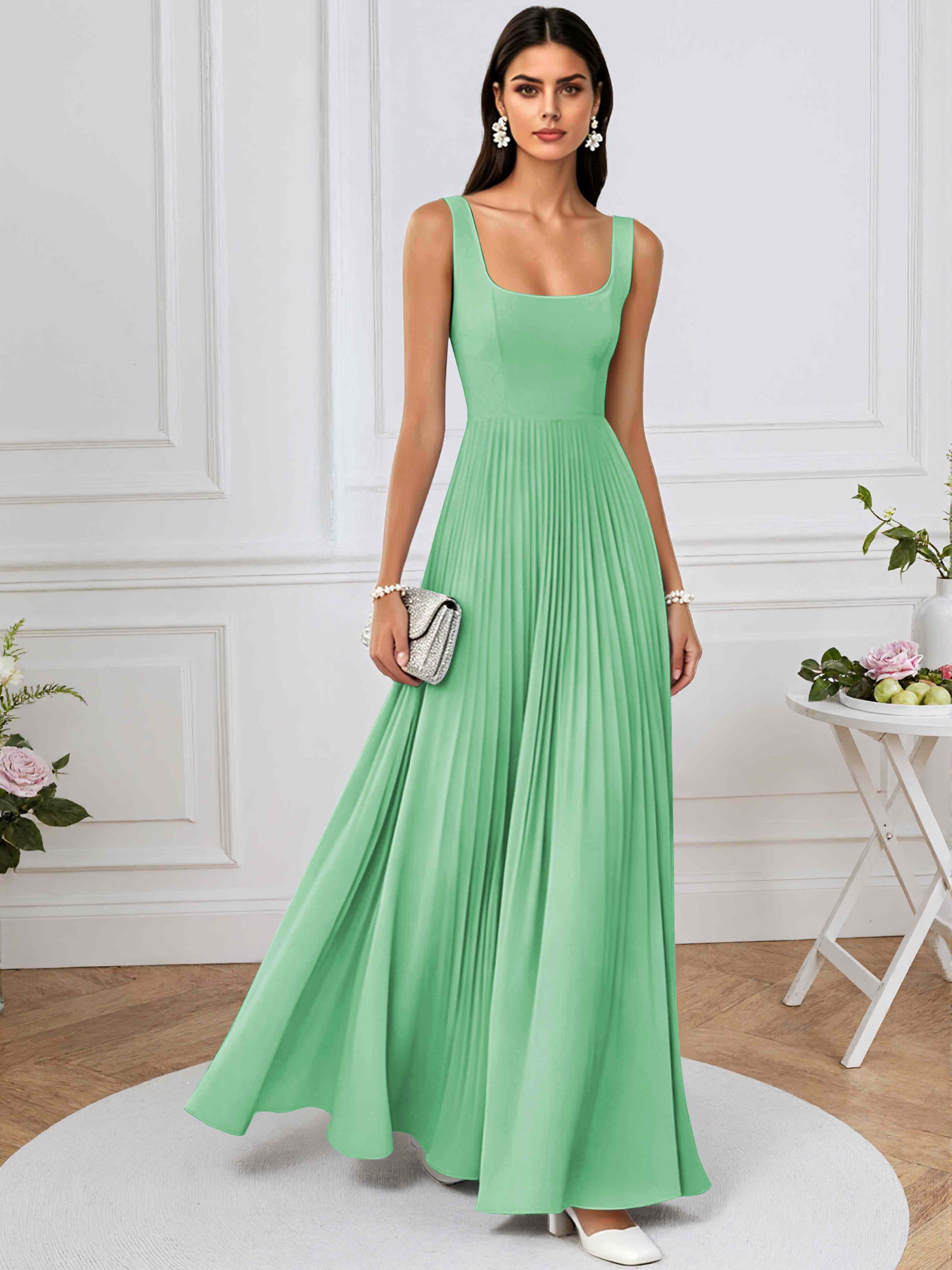ROVDESY A-Line Square Neck Pleated Chiffon Long Bridesmaid/Prom Dress