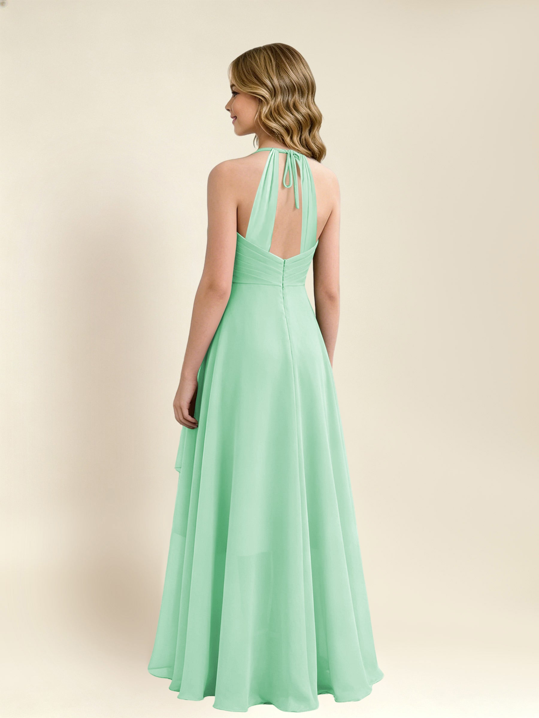 ROVDESY A-Line Halter Pleated Chiffon Junior Bridesmaid Dress
