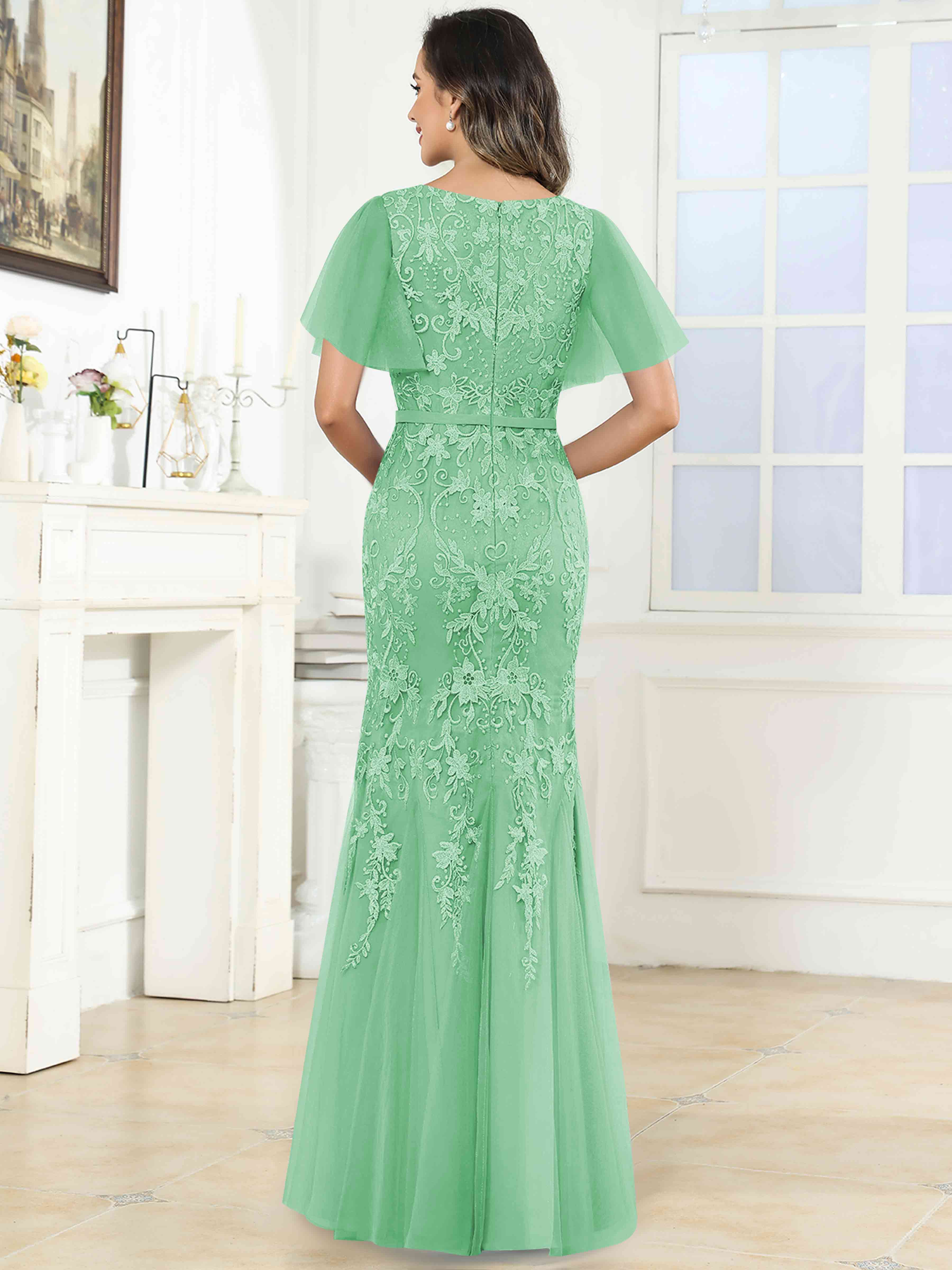 ROVDESY Elegant V-Neck Lace Mermaid Long Mother Of The Bride Dress Formal Gown With Sleeves