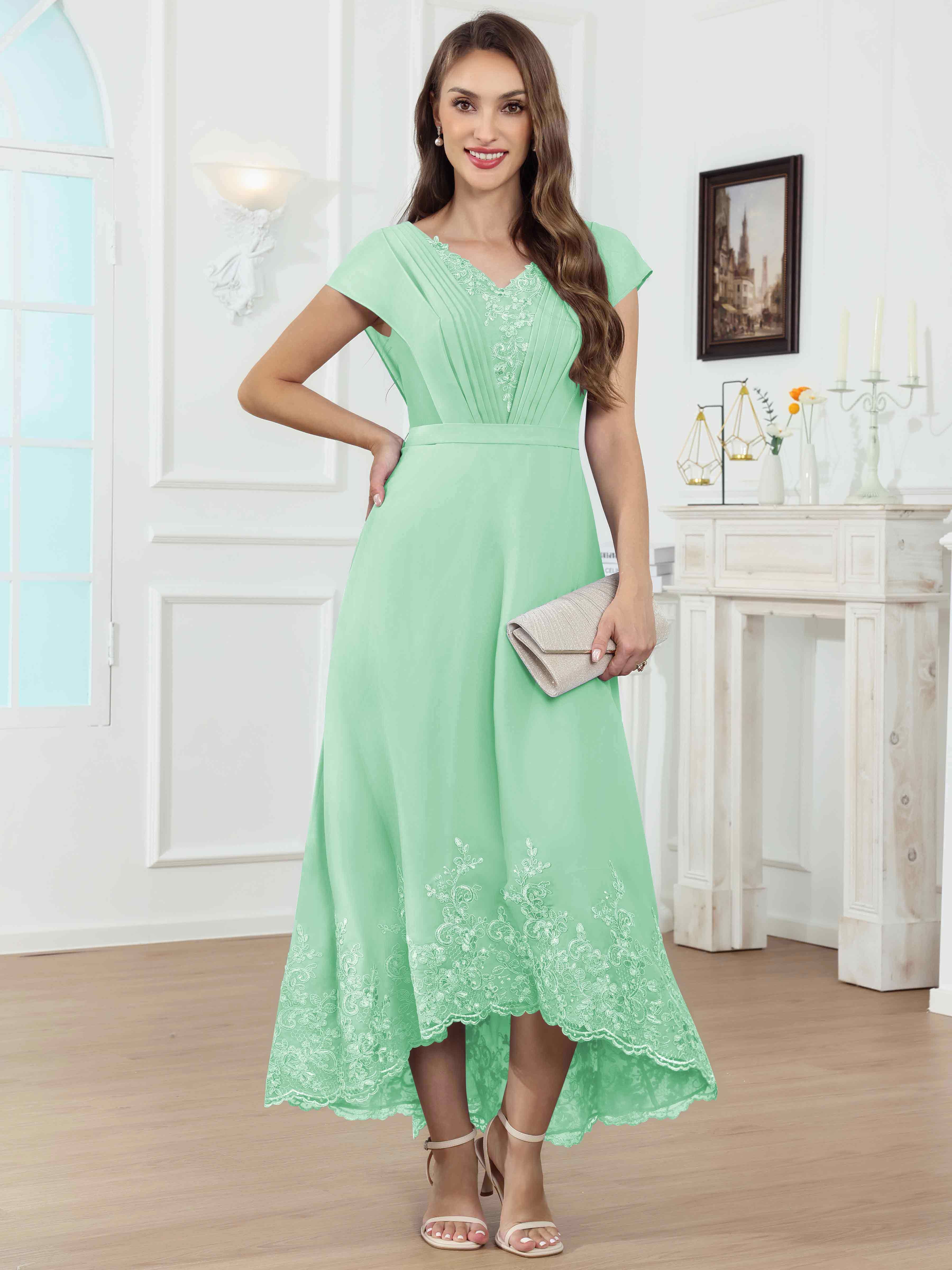 ROVDESY Tea Length High-Low V-Neck Ruched Lace Chiffon Mother of The Bride Dress for Women