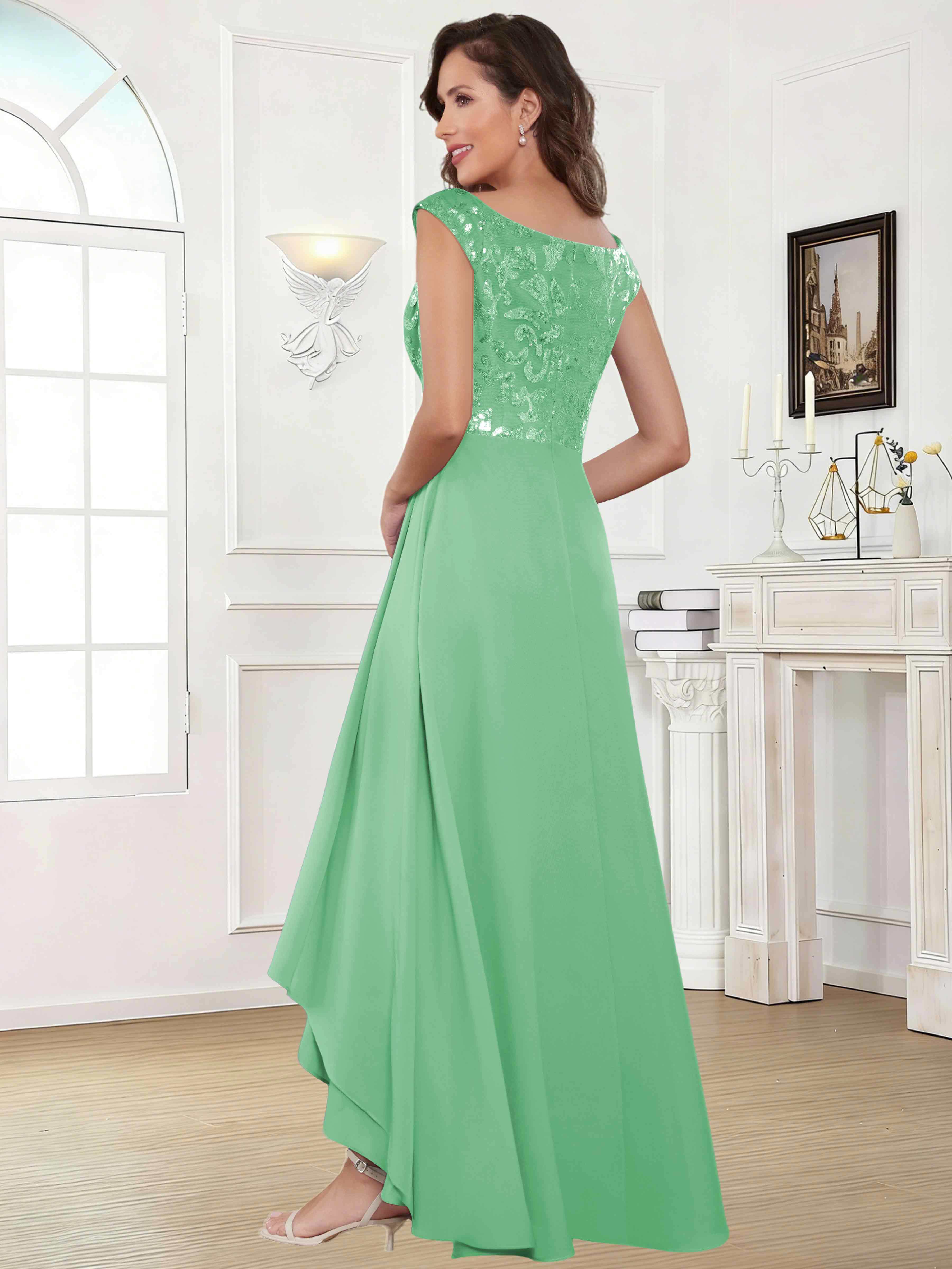 ROVDESY Tea Length Off-The-Shoulder Sequin Chiffon Mother Of The Bride Dress