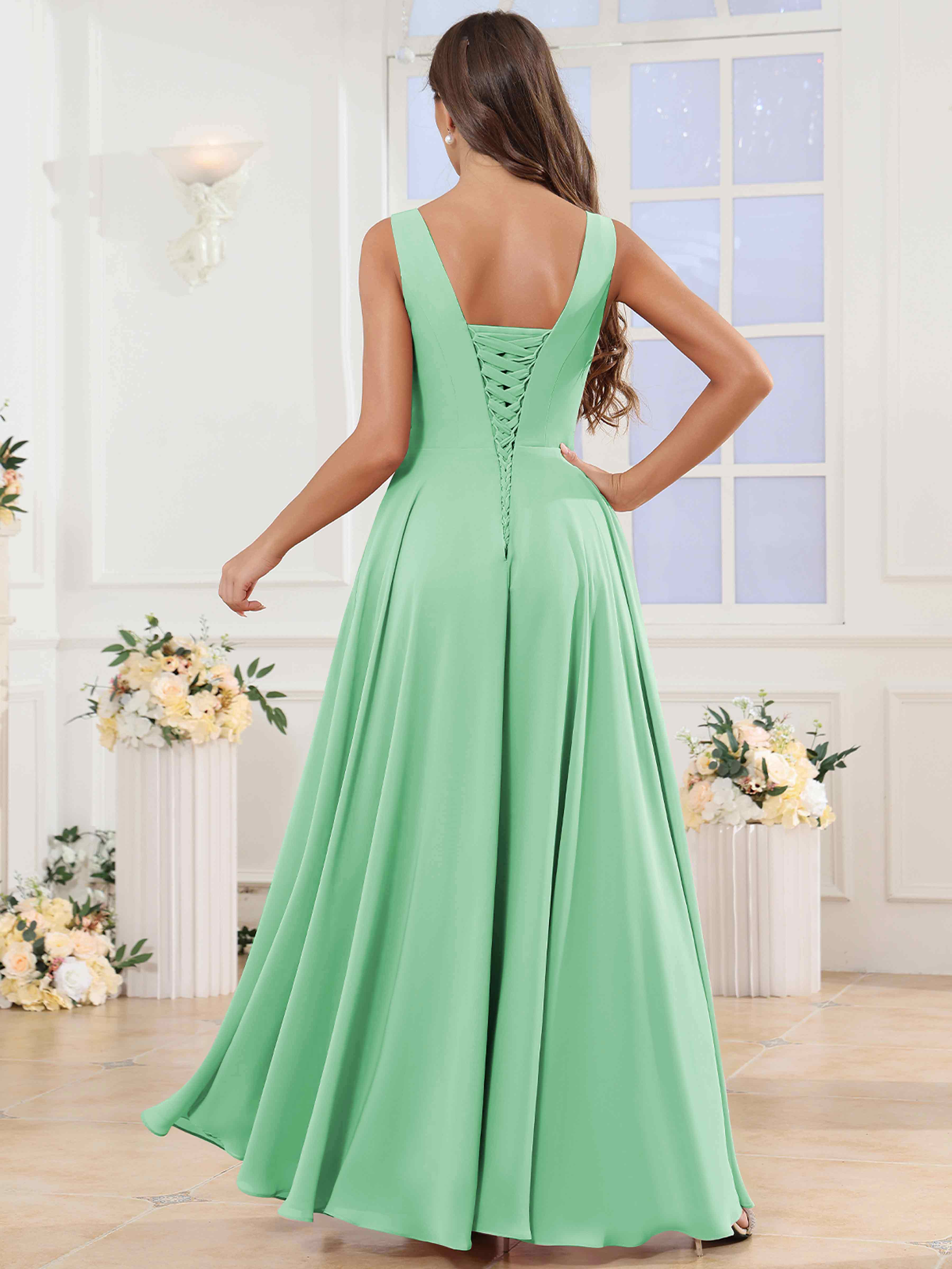 ROVDESY V-Neck Pleated Sleeveless Ruffle Chiffon Bridesmaid Dress With Slit