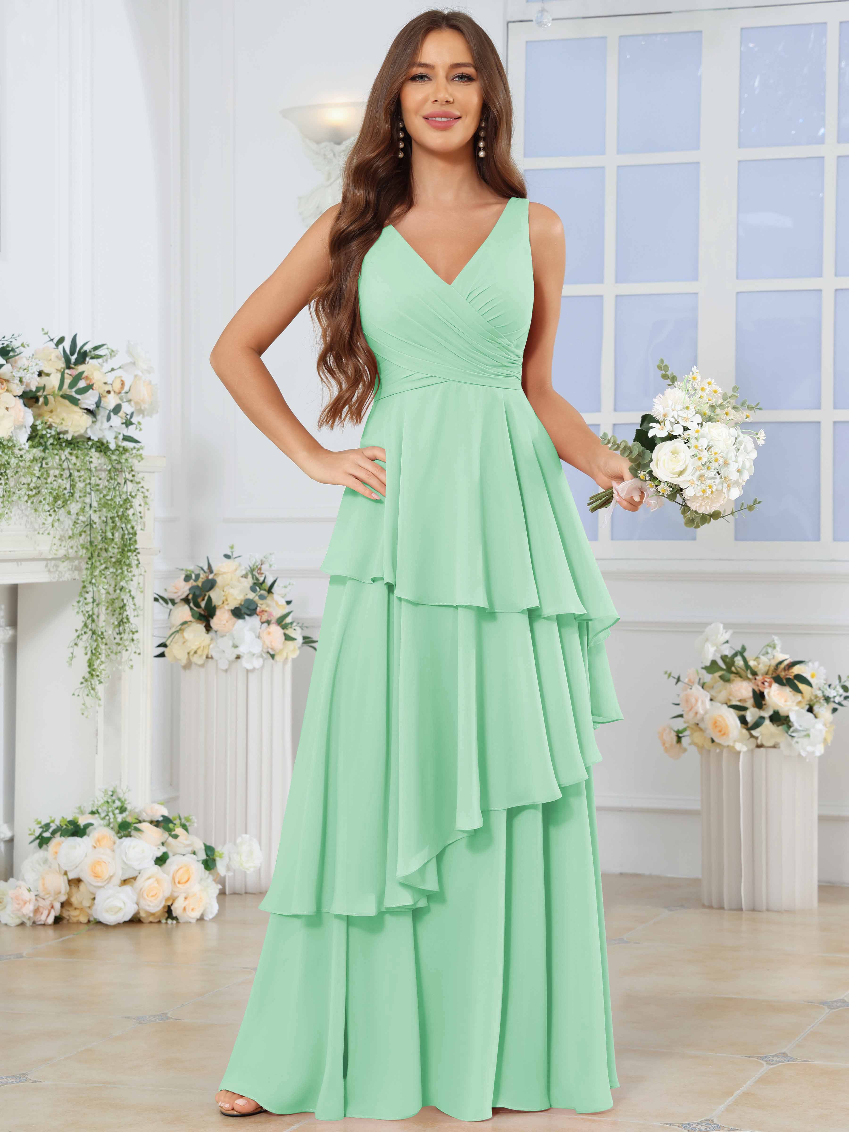 ROVDESY Long Sleeveless V-Neck Tiered Pleated Chiffon Bridesmaid Dress