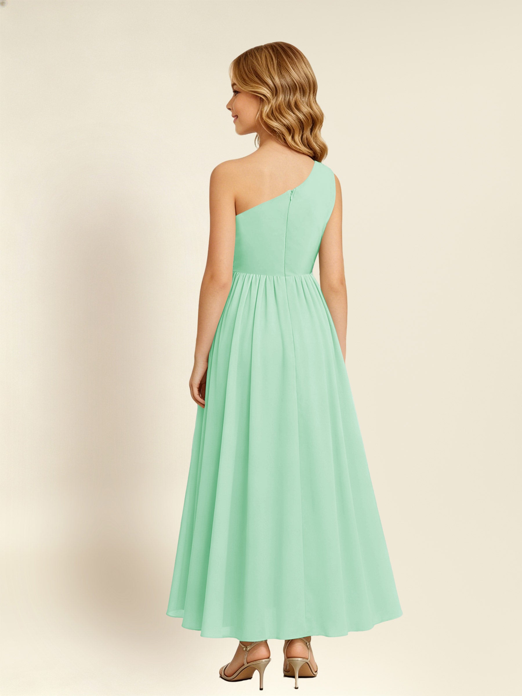 ROVDESY One Shoulder Twist Waist Chiffon Junior Bridesmaid Maxi Dress