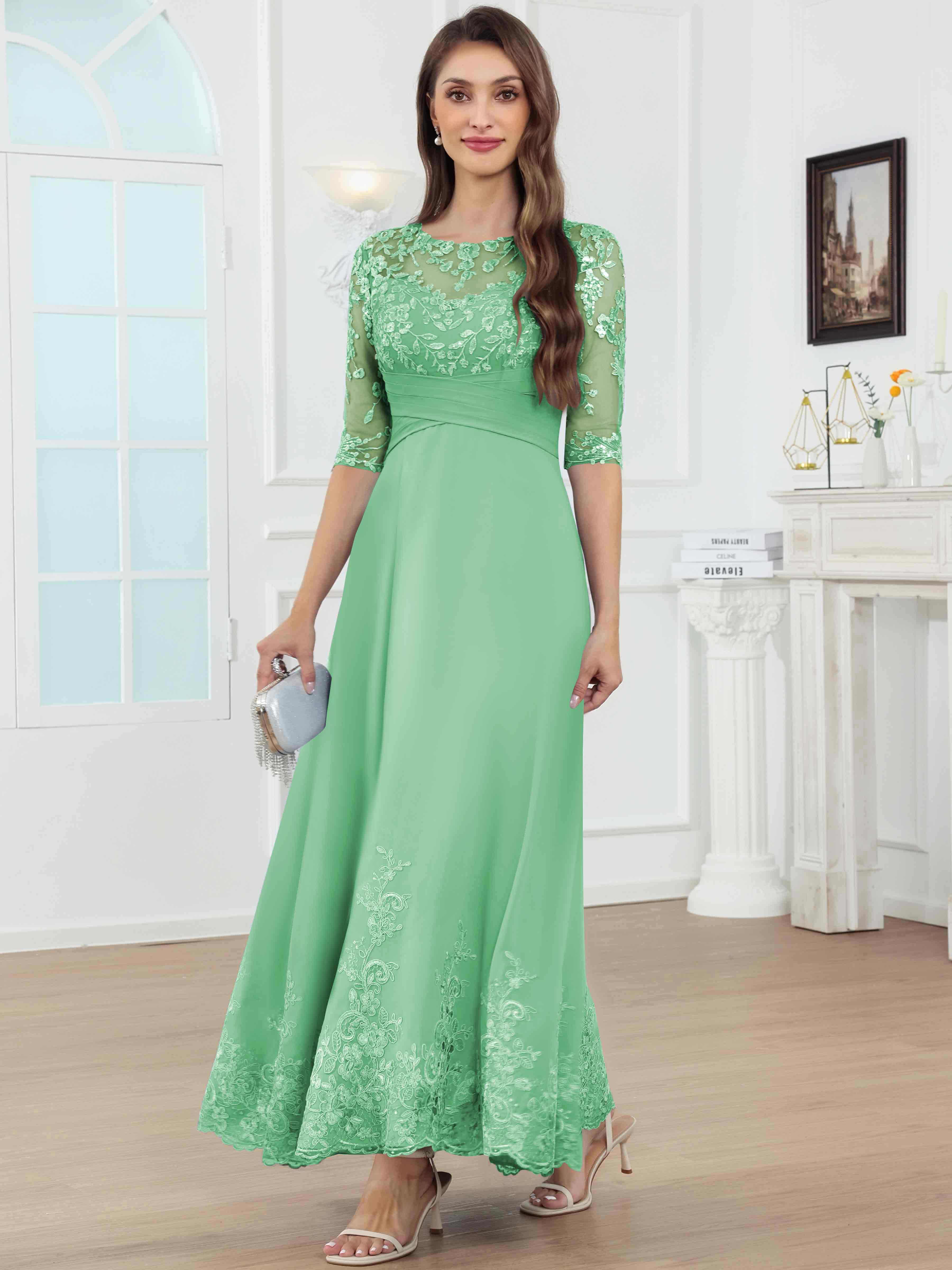 ROVDESY A-Line Lace Sequin Pleated Chiffon Mother Of The Bride Dress With Half Sleeves