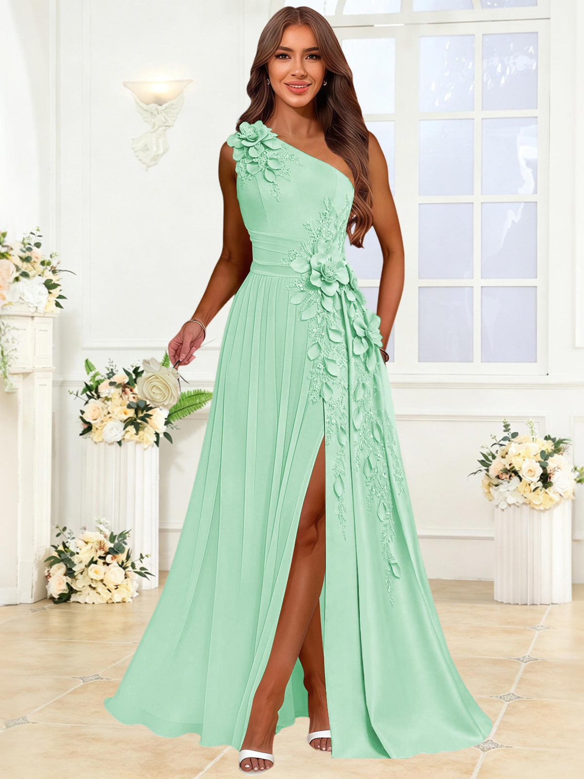 One Shoulder 3D Flower Chiffon Bridesmaid Dress with Slit