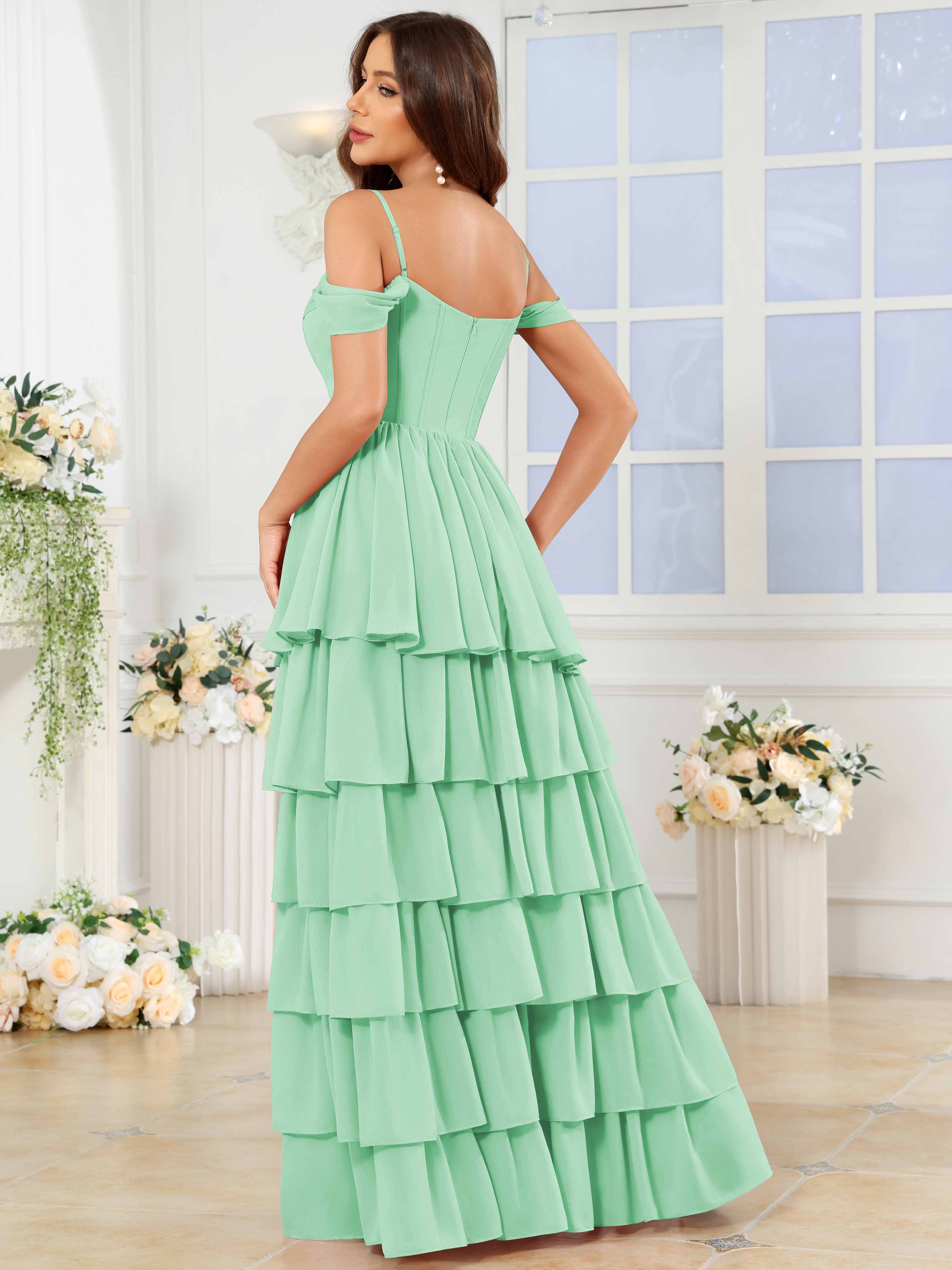 ROVDESY A-Line Off The Shoulder Tiered Chiffon Bridesmaid/Prom Dress With Slit