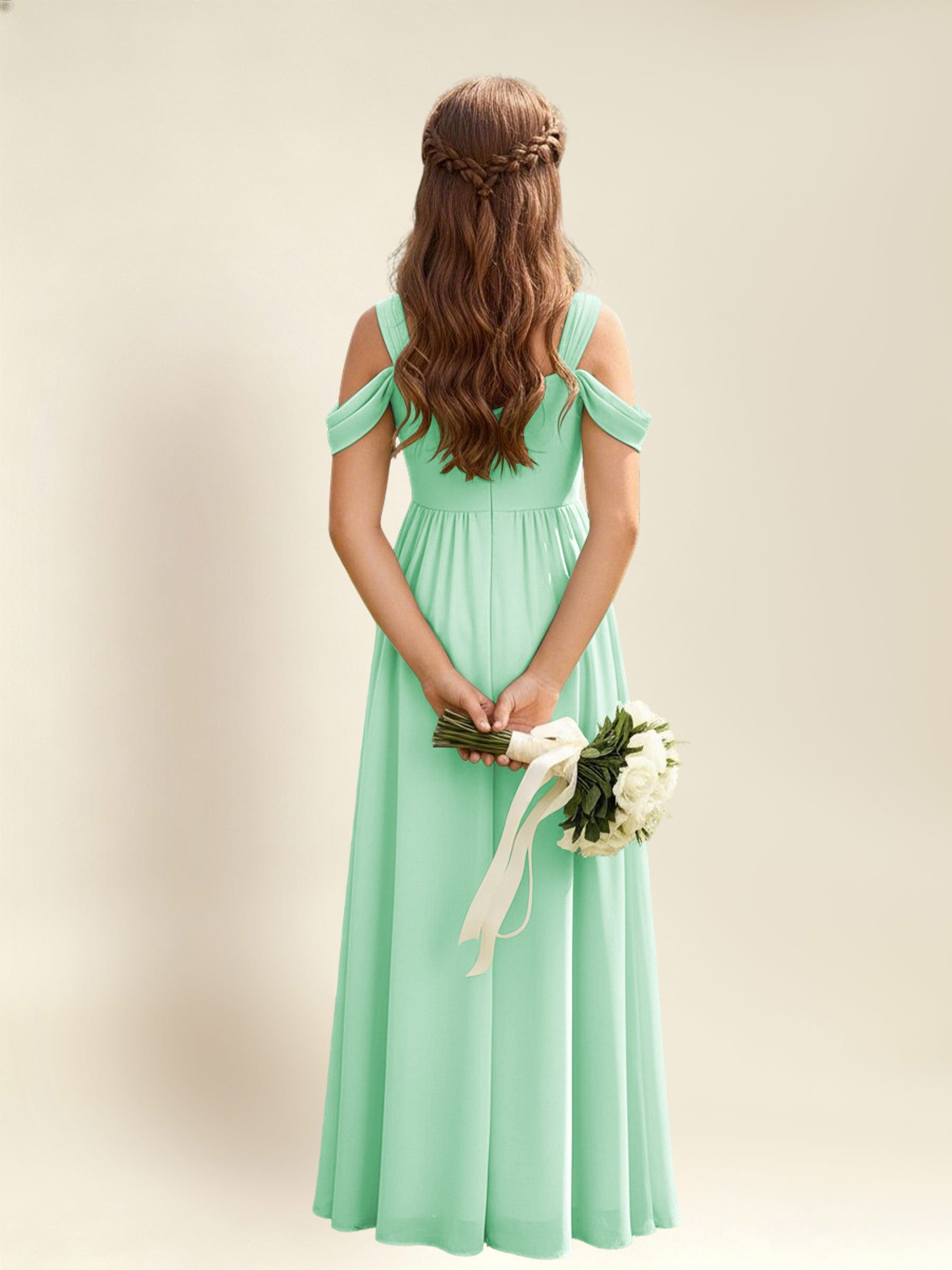 ROVDESY A-Line Off The Shoulder Pleated Chiffon Junior Bridesmaid Dress
