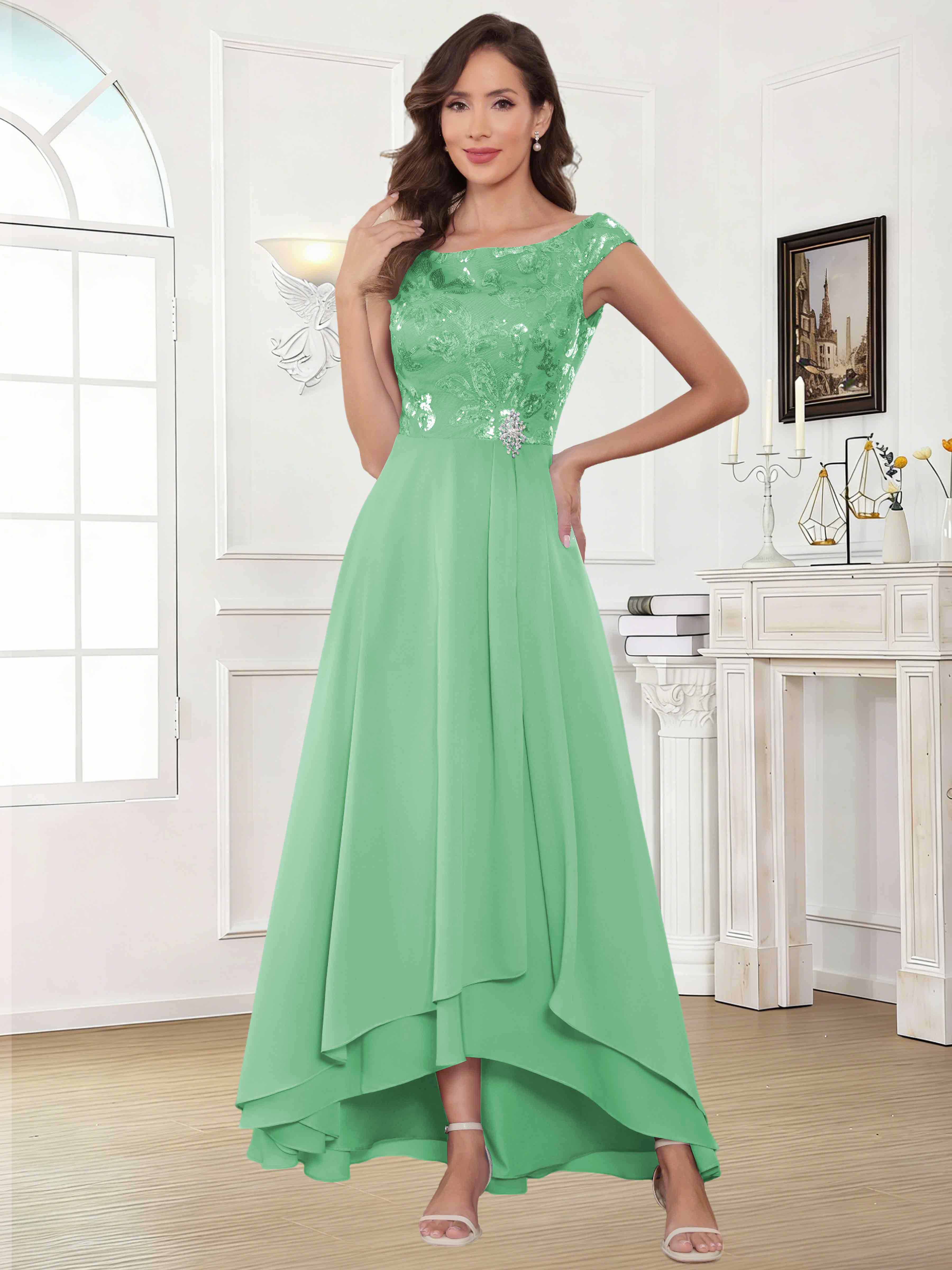ROVDESY Tea Length Off-The-Shoulder Sequin Chiffon Mother Of The Bride Dress