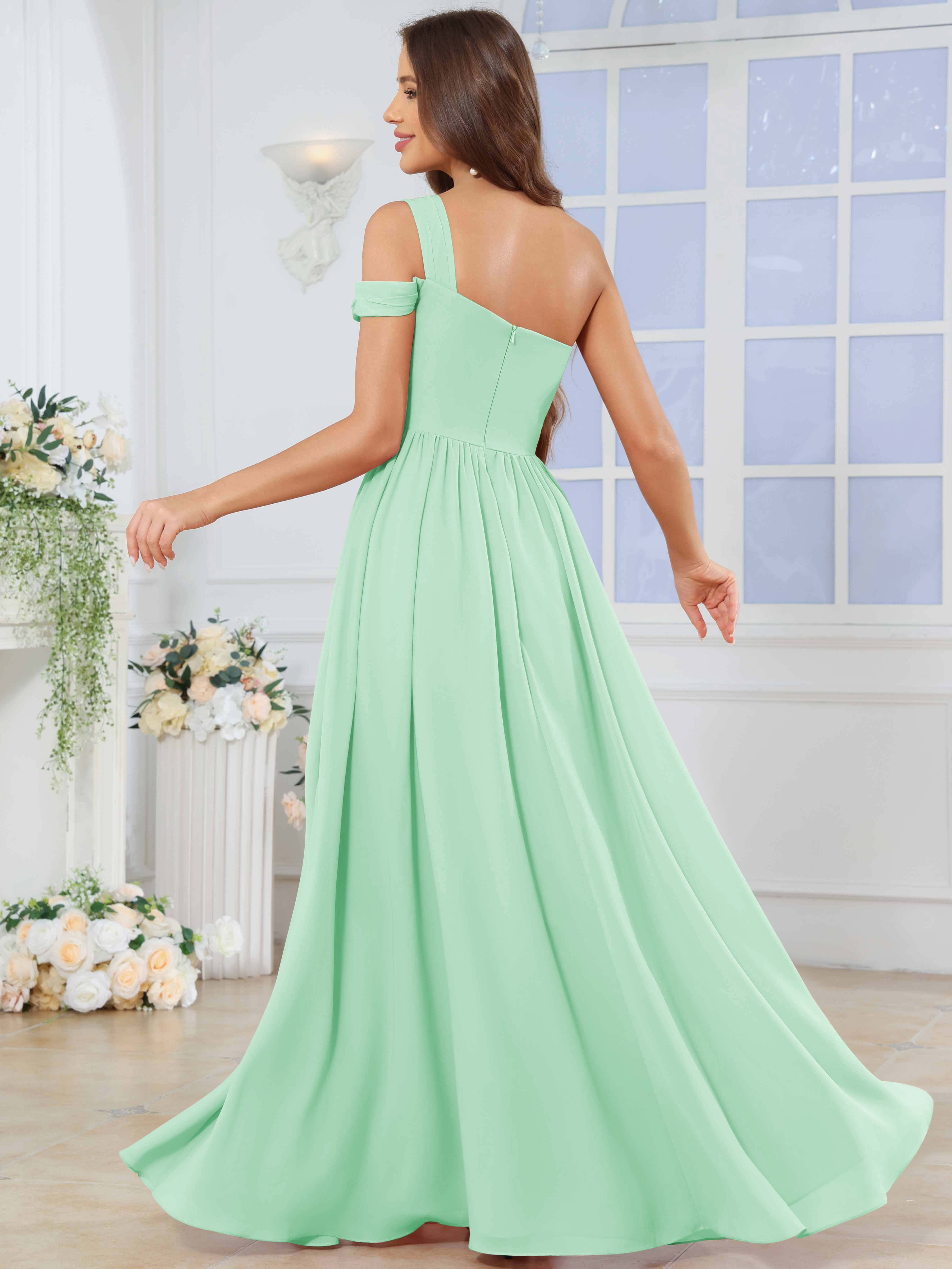 ROVDESY One Shoulder Pleated Chiffon Bridesmaid Dress With Slit