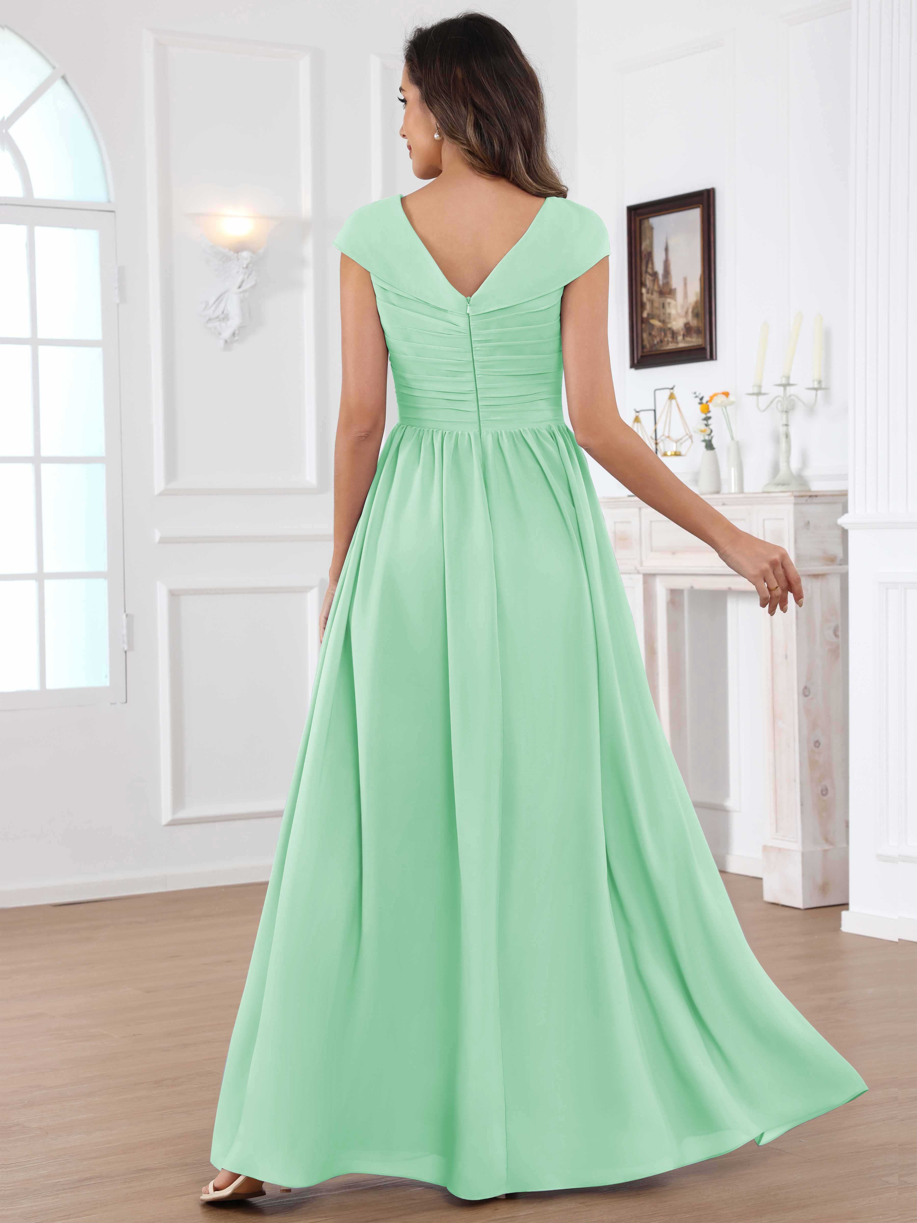 ROVDESY A-Line Cap Sleeves Pleated Chiffon Mother Of The Bride Dress