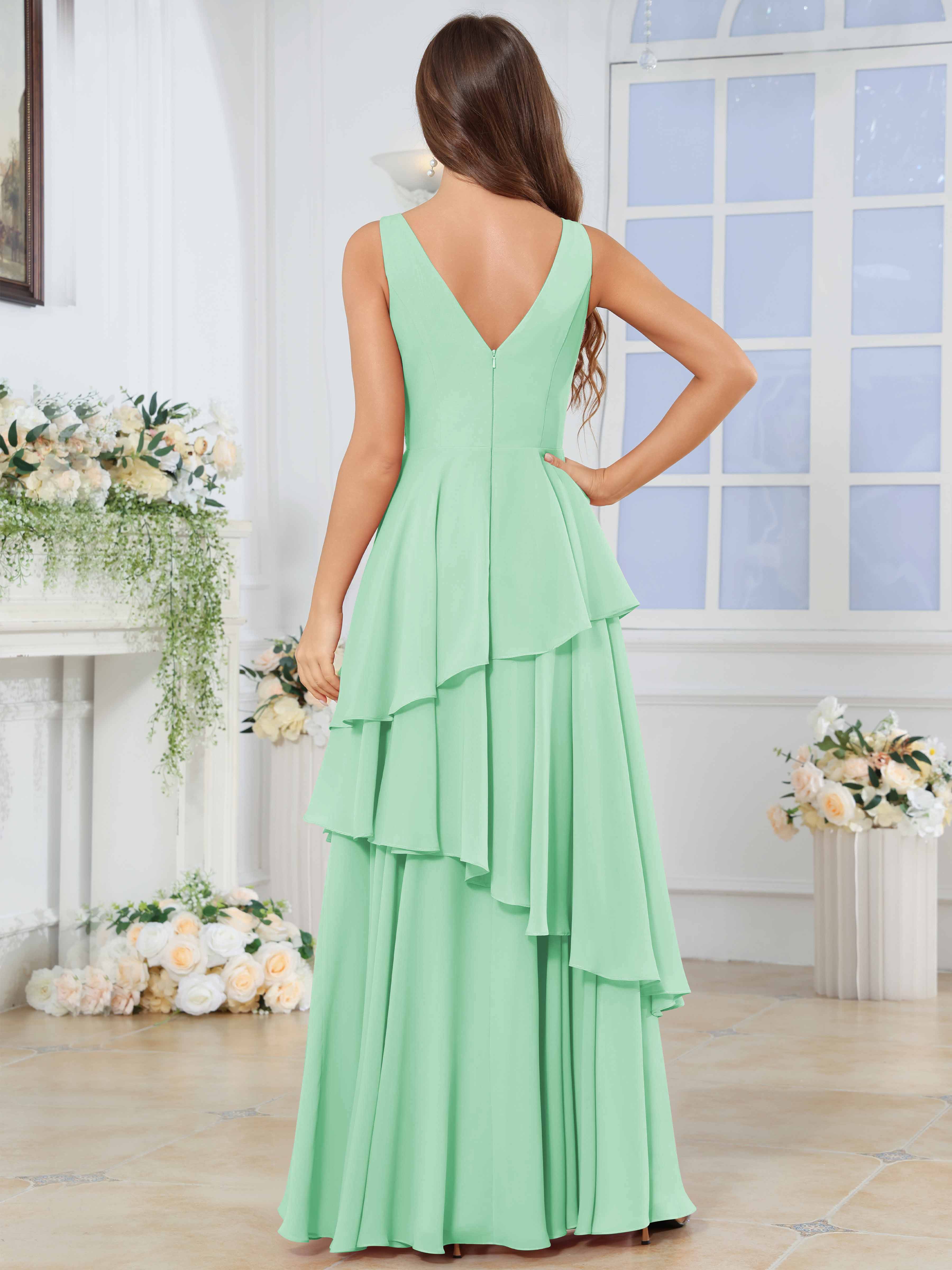 ROVDESY Long Sleeveless V-Neck Tiered Pleated Chiffon Bridesmaid Dress