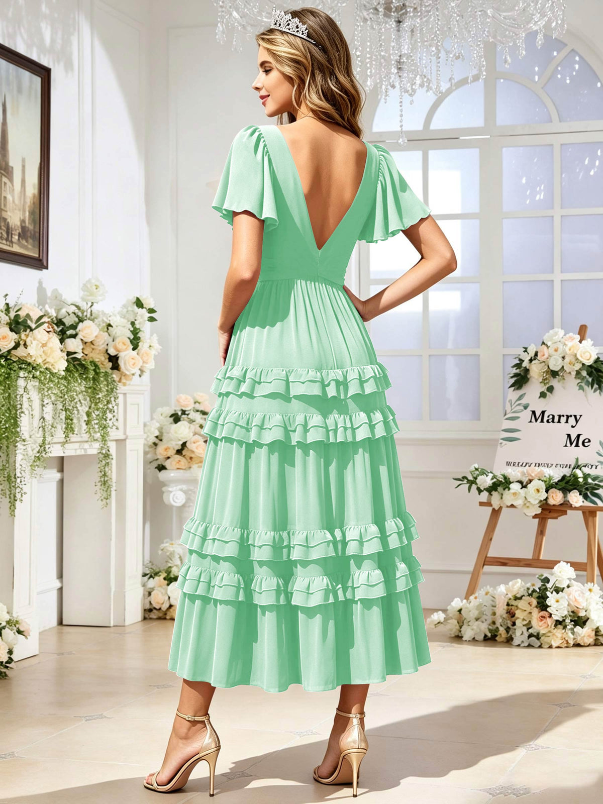 A Line Chiffon Pleated Bridesmaid Dress with Sleeves