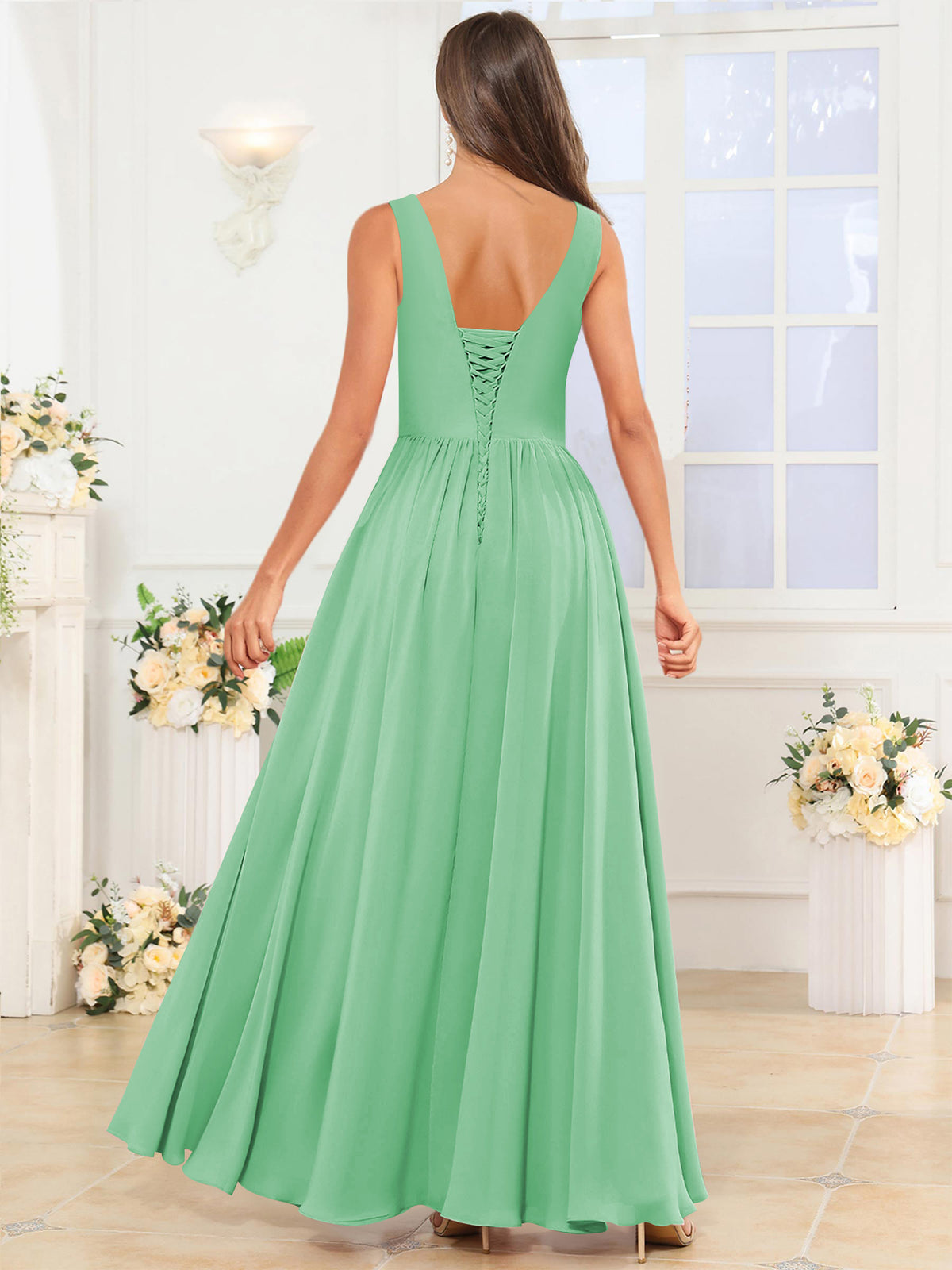 V Neck Chiffon A Line Bridesmaid Dress with Slit