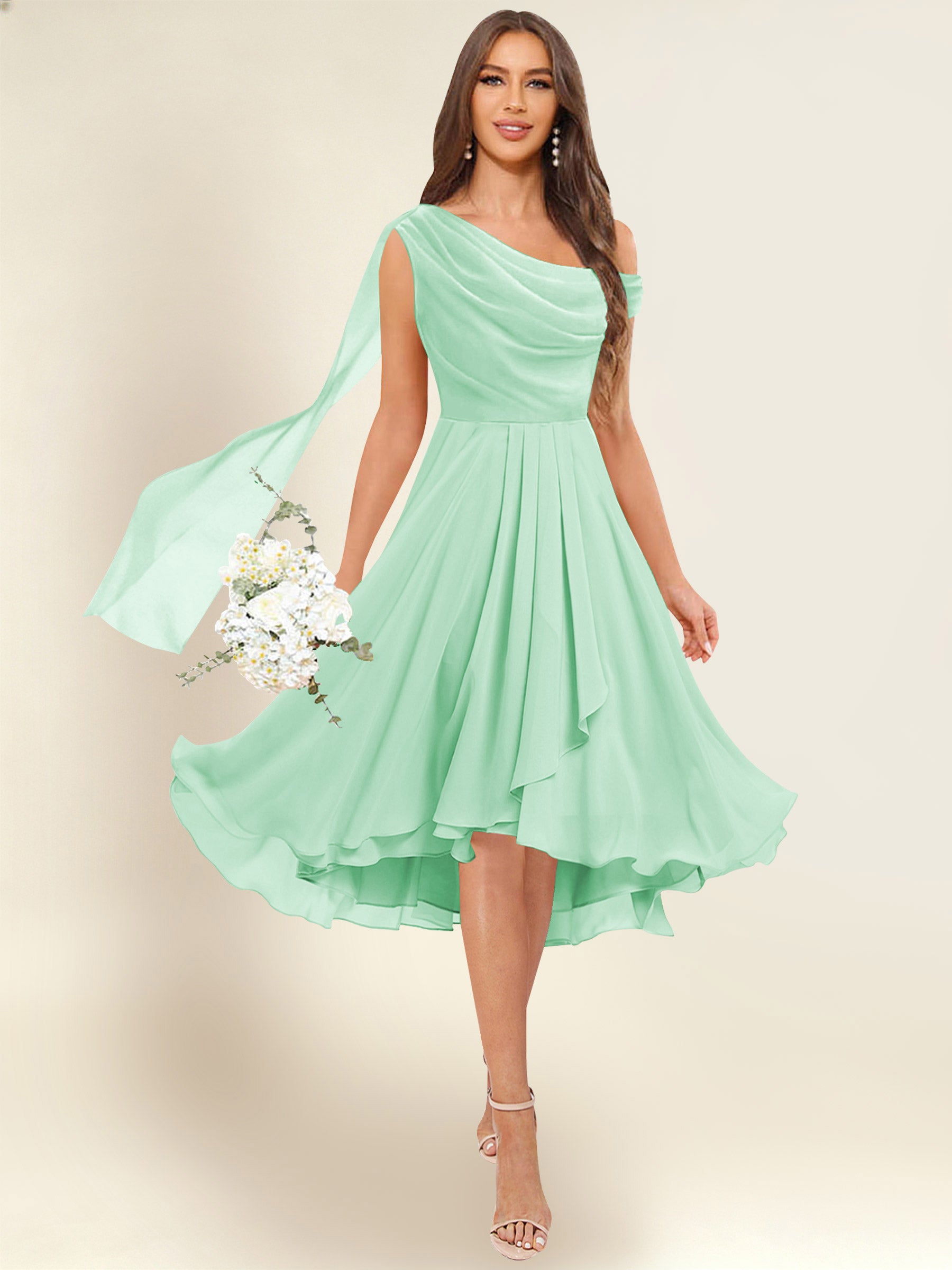 ROVDESY A-Line One Shoulder Pleated Chiffon Bridesmaid Dress With Flowing Sash