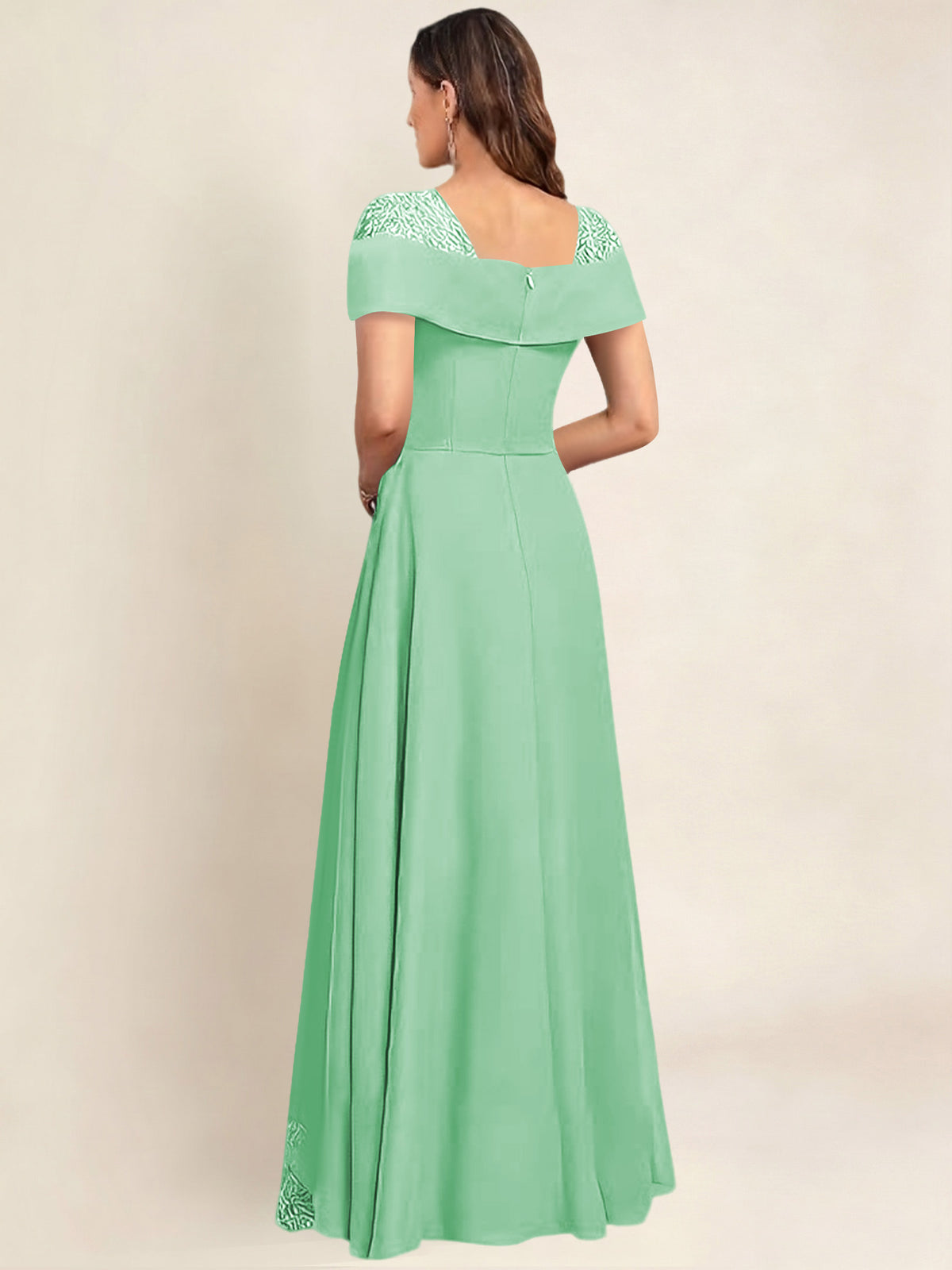 ROVDESY A-Line Off The Shoulder Lace Chiffon Long Mother of the Bride Dress Formal Gown